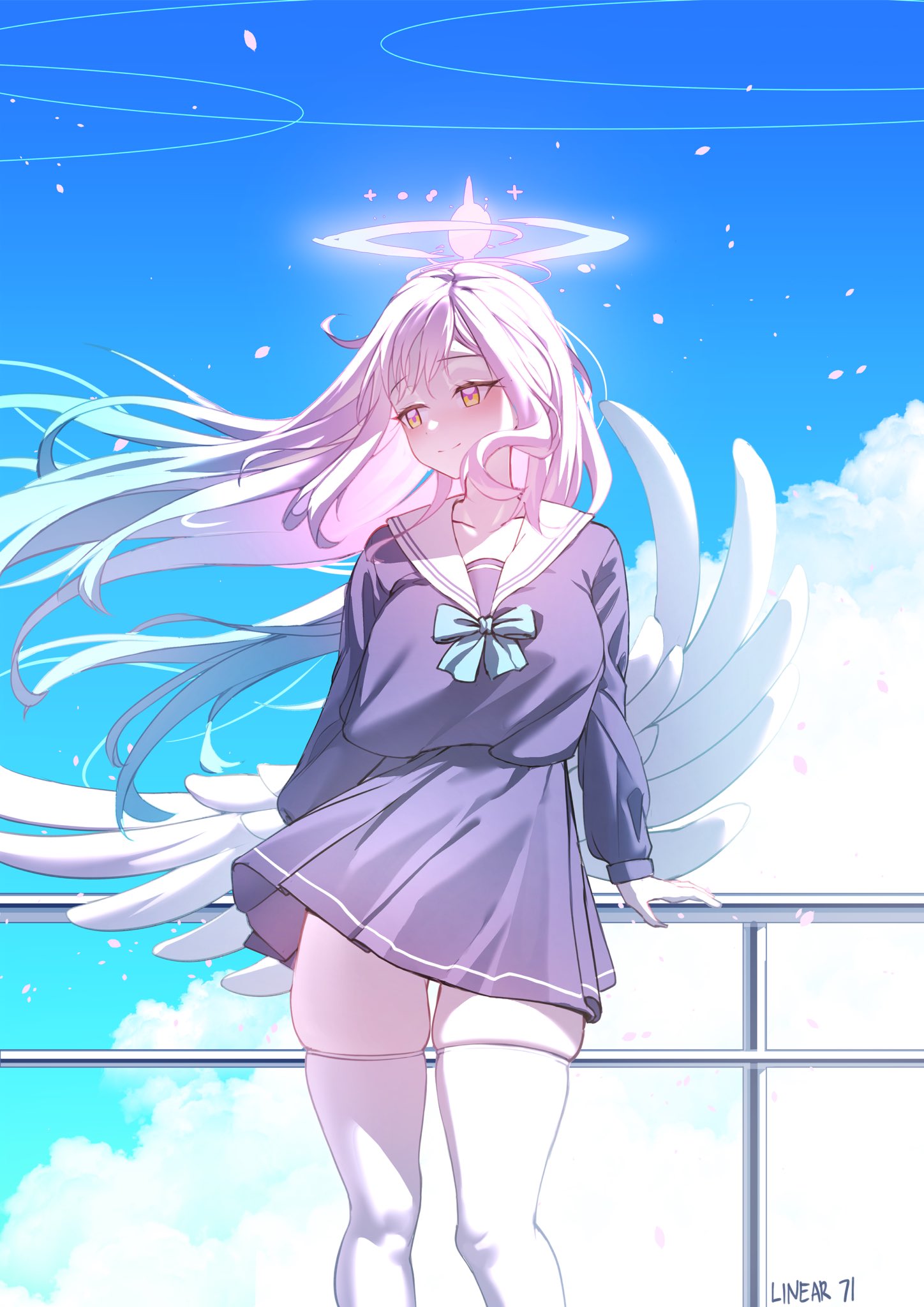 linear 71, mika (blue archive), blue archive, commentary, english commentary, highres, 1girl, alternate costume, angel wings, blue sky, feathered wings, gradient halo, halo, low wings, multicolored halo, pink hair, pink halo, sky, solo, thick thighs, thigh gap, thighs, white wings, wings