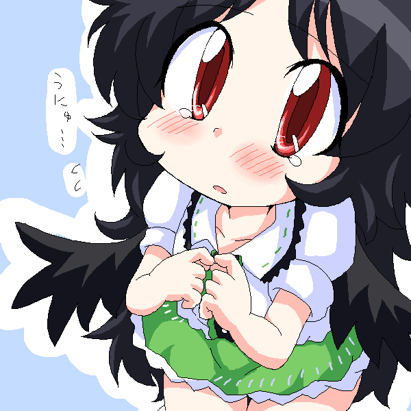 geetsu, reiuji utsuho, touhou, translated, 1girl, black hair, blouse, blush, chibi, female focus, long hair, red eyes, shirt, simple background, solo, tears, unyu, white shirt