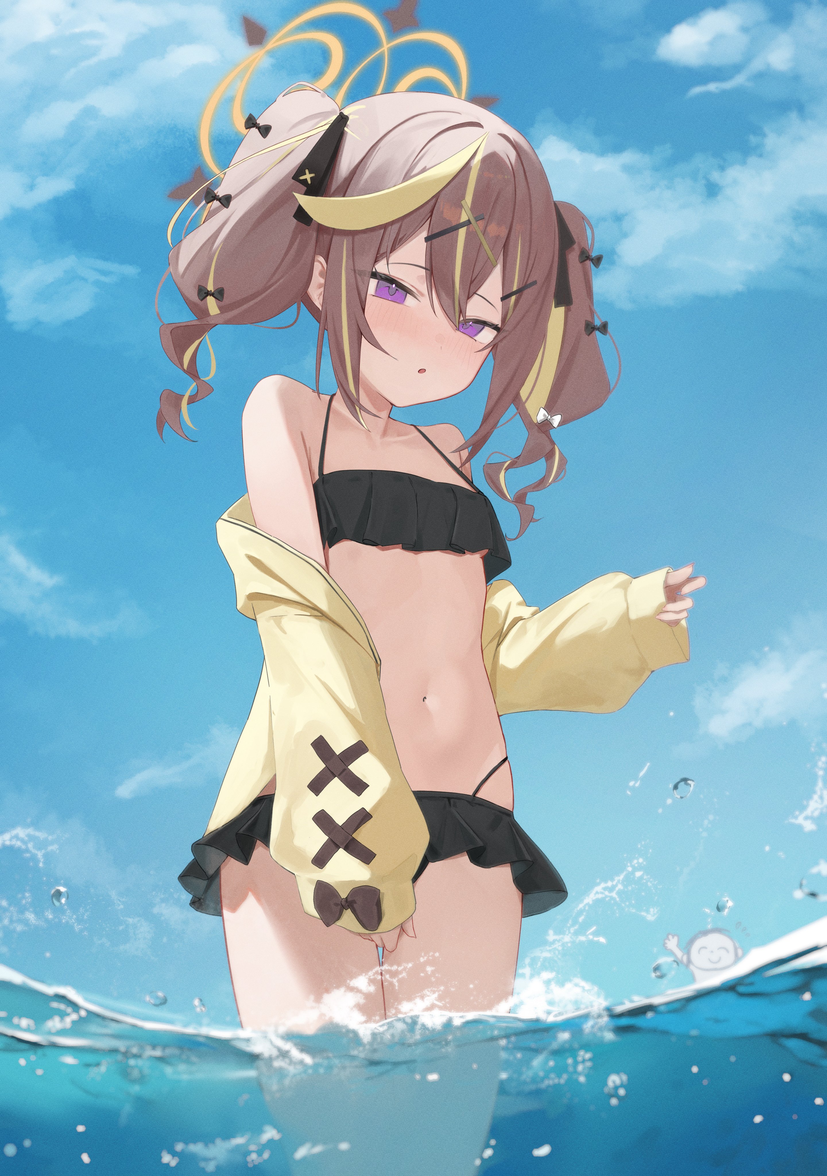 lizard0221, doodle sensei (blue archive), rena (blue archive), sensei (blue archive), blue archive, absurdres, commentary, highres, 1boy, 1girl, arm up, bare legs, bare shoulders, bikini, black bikini, black bow, black bowtie, black skirt, blonde hair, blush, bow, bowtie, breasts, brown bow, brown bowtie, brown hair, cloud, cloudy sky, flat chest, hair ornament, halo, holding sleeve, long sleeves, looking at viewer, looking down, multicolored hair, navel, open mouth, purple eyes, ribbon, shy, skirt, sky, small breasts, solo focus, splashing, streaked hair, swimsuit, twintails, underboob, water, water drop, wet, white bow, white bowtie, yellow halo