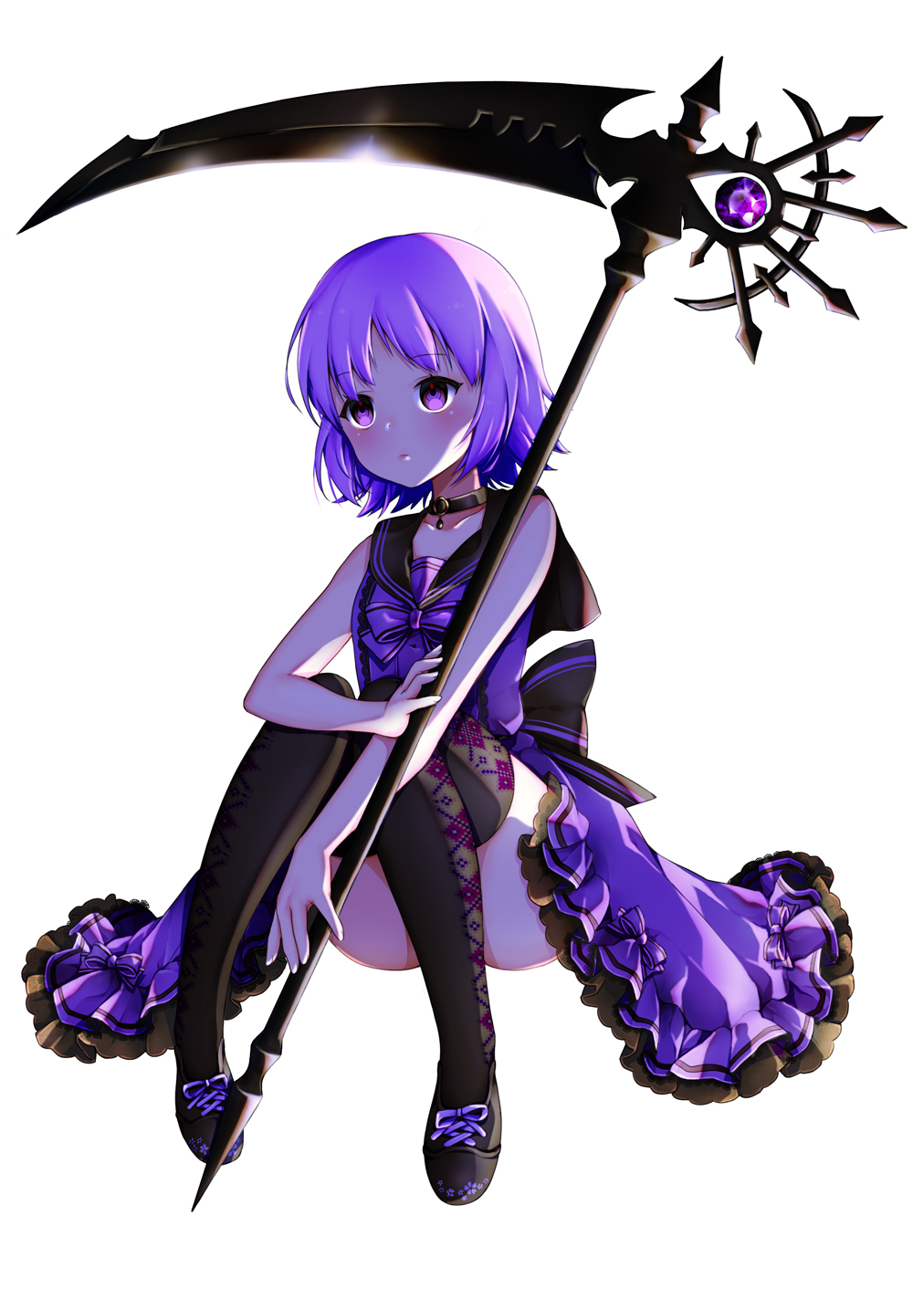 moi (latte art), commentary request, highres, 1girl, black sailor collar, black thighhighs, bow, bowtie, frilled skirt, frills, holding, holding scythe, magical girl, mahou shoujo no istoria, purple eyes, purple hair, sailor collar, scythe, shoes, short hair, sitting, skirt, thighhighs
