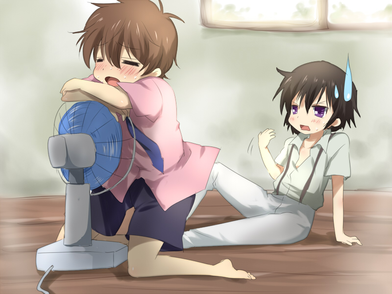 maruki (punchiki), kururugi suzaku, lelouch vi britannia, code geass, bad id, bad pixiv id, 00s, 2boys, aged down, barefoot, black hair, blush, brown hair, casual, closed eyes, electric fan, indoors, male focus, multiple boys, necktie, open mouth, purple eyes, short hair, shorts, suspenders, sweatdrop