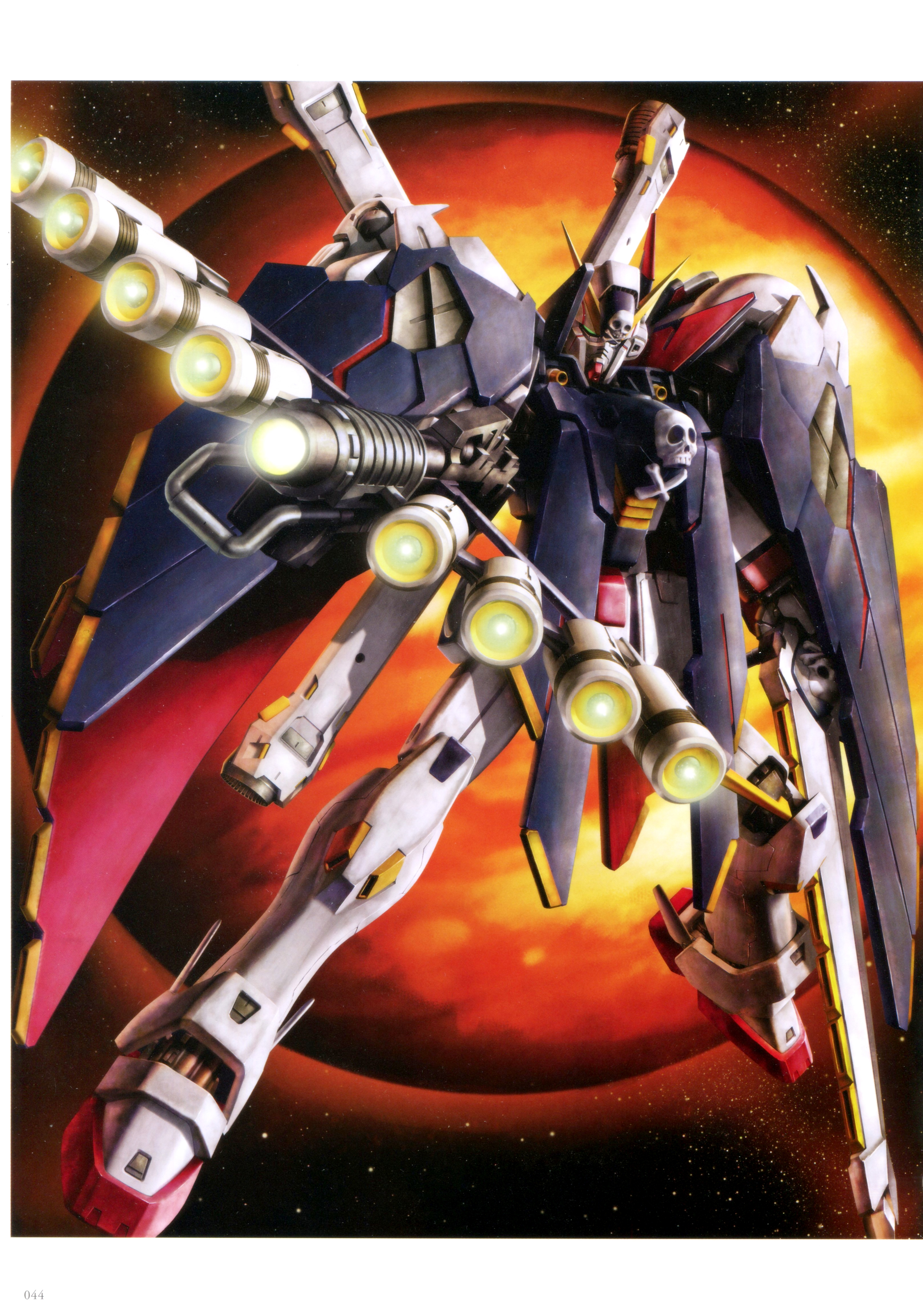 tenjin hidetaka, crossbone gundam x-1 full cloth, crossbone gundam, gundam, absurdres, highres, official art, painting (medium), scan, traditional media, beam cannon, crossbone vanguard, energy gun, jolly roger, jupiter (planet), machinery, mecha, mecha focus, mobile suit, no humans, realistic, robot, science fiction, space, star (sky), v-fin, weapon, zero gravity