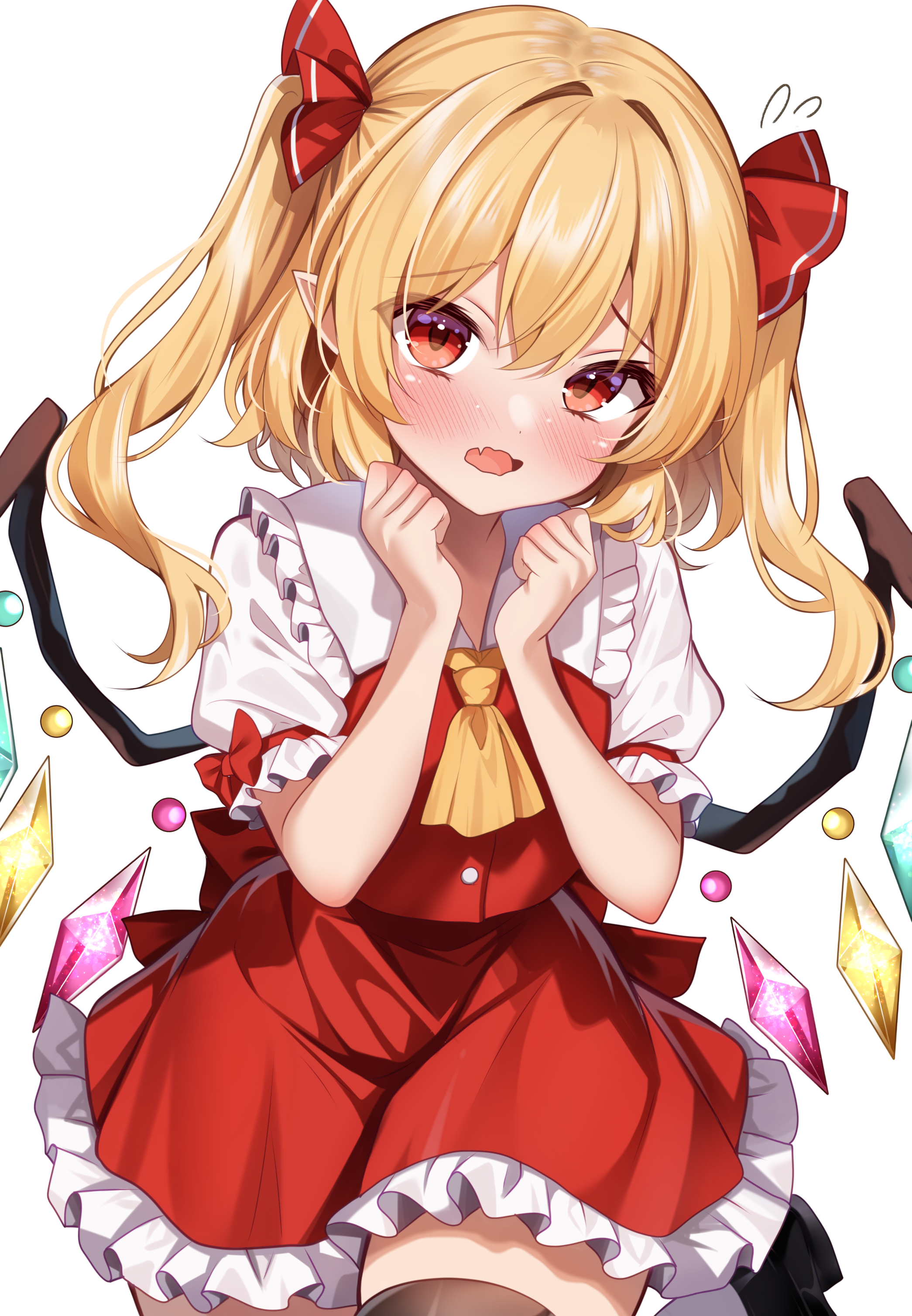 shirotsuki shirone, flandre scarlet, touhou, absurdres, commentary request, highres, 1girl, alternate hairstyle, ascot, back bow, black shoes, black thighhighs, blonde hair, blush, bow, clenched hands, cowboy shot, crystal wings, embarrassed, fang, flying sweatdrops, frilled shirt collar, frilled skirt, frills, furrowed brow, hair between eyes, hair ribbon, hands up, long hair, looking at viewer, no headwear, open mouth, pointy ears, puffy short sleeves, puffy sleeves, red bow, red eyes, red ribbon, red skirt, red vest, ribbon, shirt, shoes, short sleeves, simple background, skin fang, skirt, sleeve ribbon, socks, solo, standing, standing on one leg, thighhighs, two side up, vest, white background, white shirt, white socks, wings, yellow ascot, zettai ryouiki