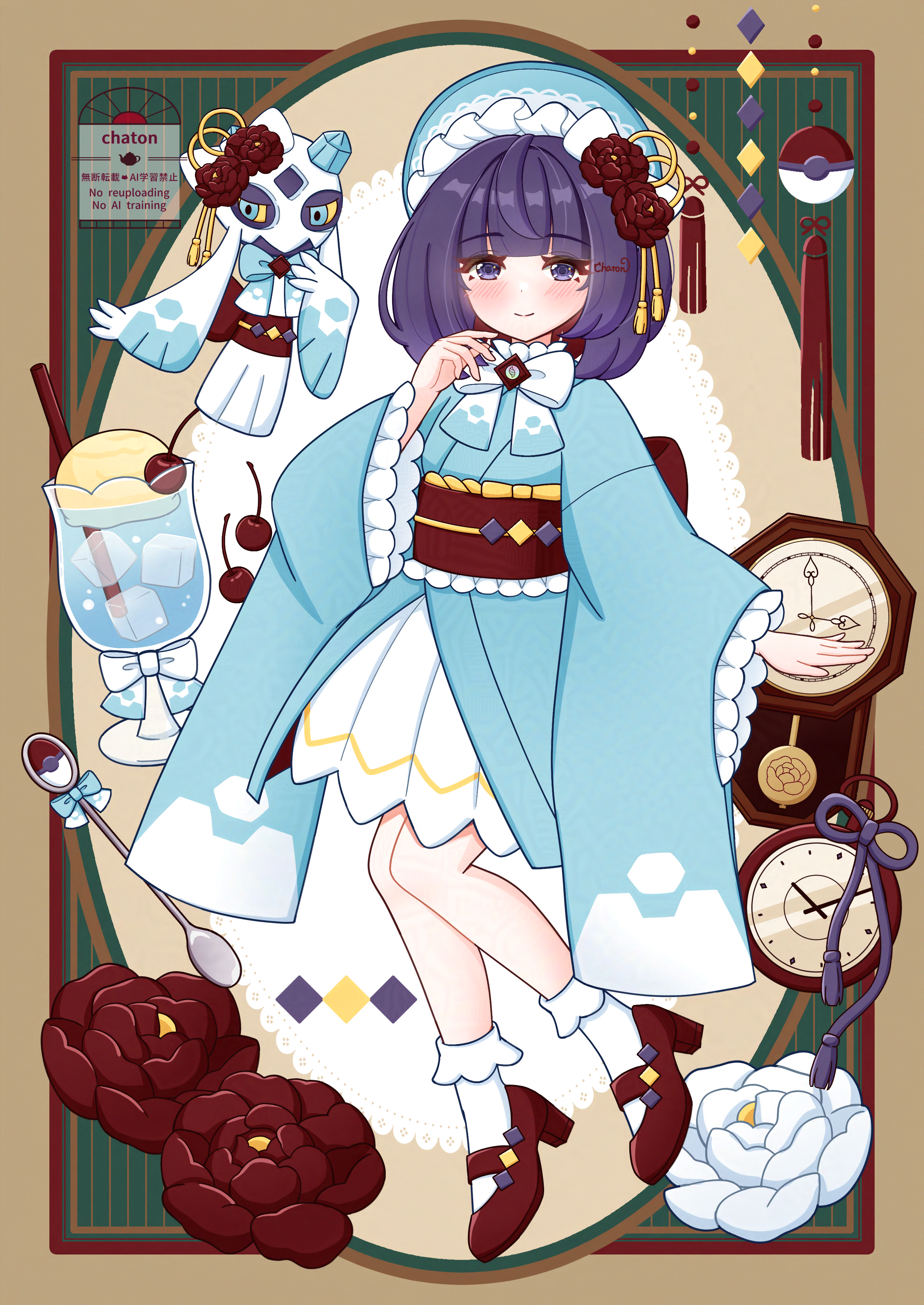 chaton (chatoncerisier), froslass, pokemon, pokemon legends: z-a, absurdres, highres, 1girl, alternate costume, gen 4 pokemon, pokemon (creature), purple eyes, purple hair