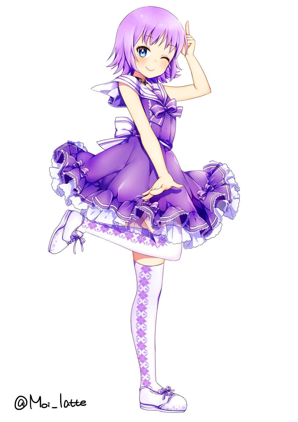 moi (latte art), commentary request, highres, 1girl, blue eyes, bow, bowtie, frilled skirt, frills, magical girl, mahou shoujo no istoria, one eye closed, purple bow, purple bowtie, purple hair, sailor collar, shoes, short hair, sitting, skirt, smile, thighhighs, white sailor collar, white thighhighs