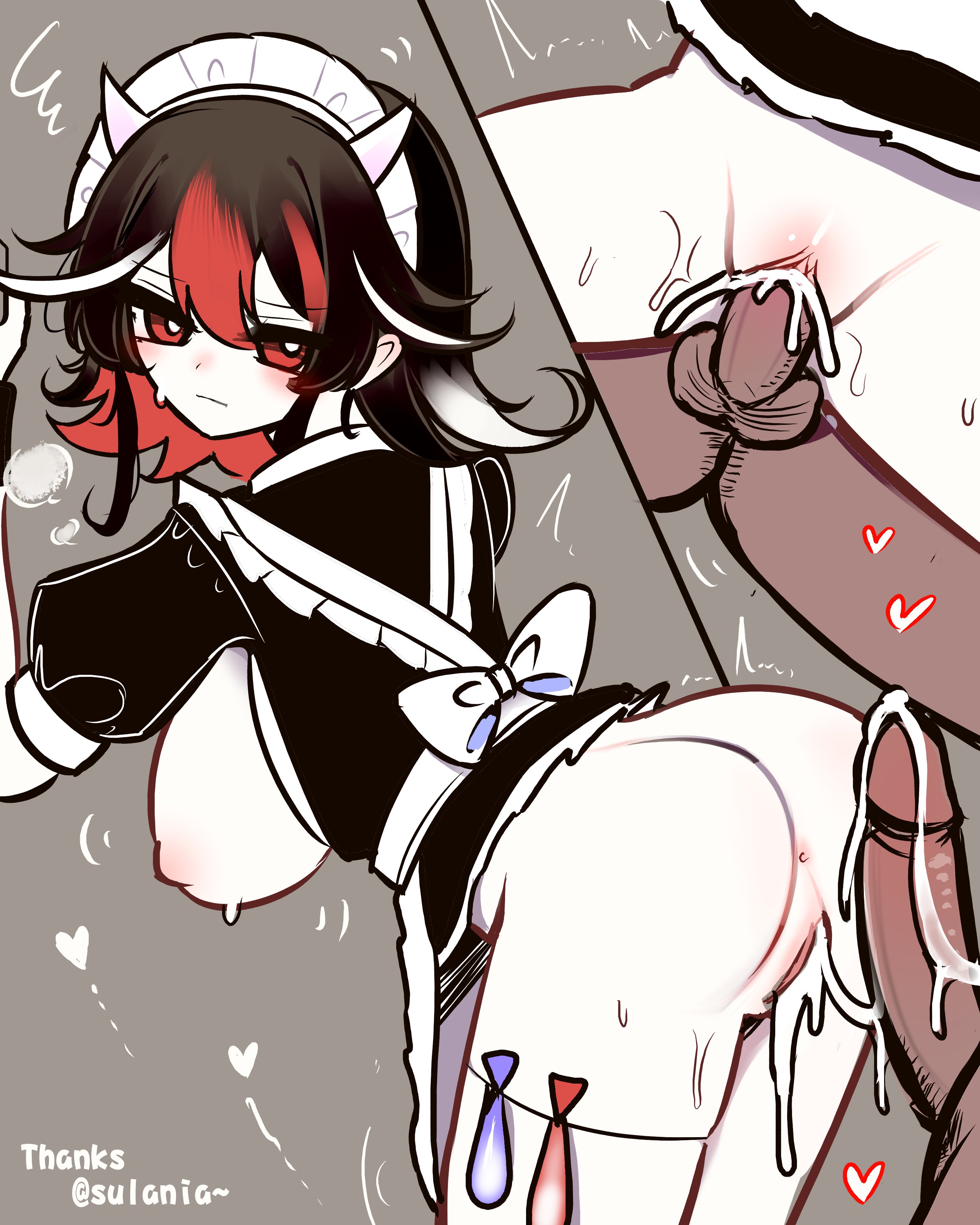 shen bi ren (user rjgy2824), kijin seija, touhou, absurdres, commentary request, highres, variant set, 1boy, 1girl, after vaginal, aftersex, alternate costume, anus, ass, black dress, black hair, blush, breasts, breasts out, closed mouth, colored skin, condom, cone horns, cum, cum in pussy, cum string, dress, enmaided, heart, hetero, horns, large breasts, looking at viewer, looking back, maid, maid headdress, multicolored hair, multiple views, nipples, penis, puffy short sleeves, puffy sleeves, pussy, red eyes, red hair, sex, sex from behind, short hair, short sleeves, small horns, solo focus, standing, standing sex, streaked hair, testicles, uncensored, used condom, vaginal, white hair, white horns, white skin