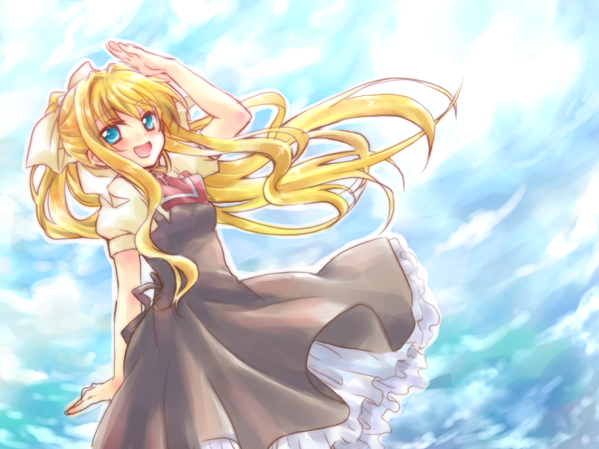 kousetsu, kamio misuzu, air (visual novel), bad id, bad pixiv id, 00s, blonde hair, blue eyes, dutch angle, long hair, ponytail, salute, school uniform, solo, very long hair