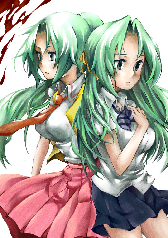 hatsuka nezumi, sonozaki mion, sonozaki shion, higurashi no naku koro ni, 00s, 2girls, back-to-back, green eyes, green hair, long hair, multiple girls, ponytail, siblings, sisters, twins