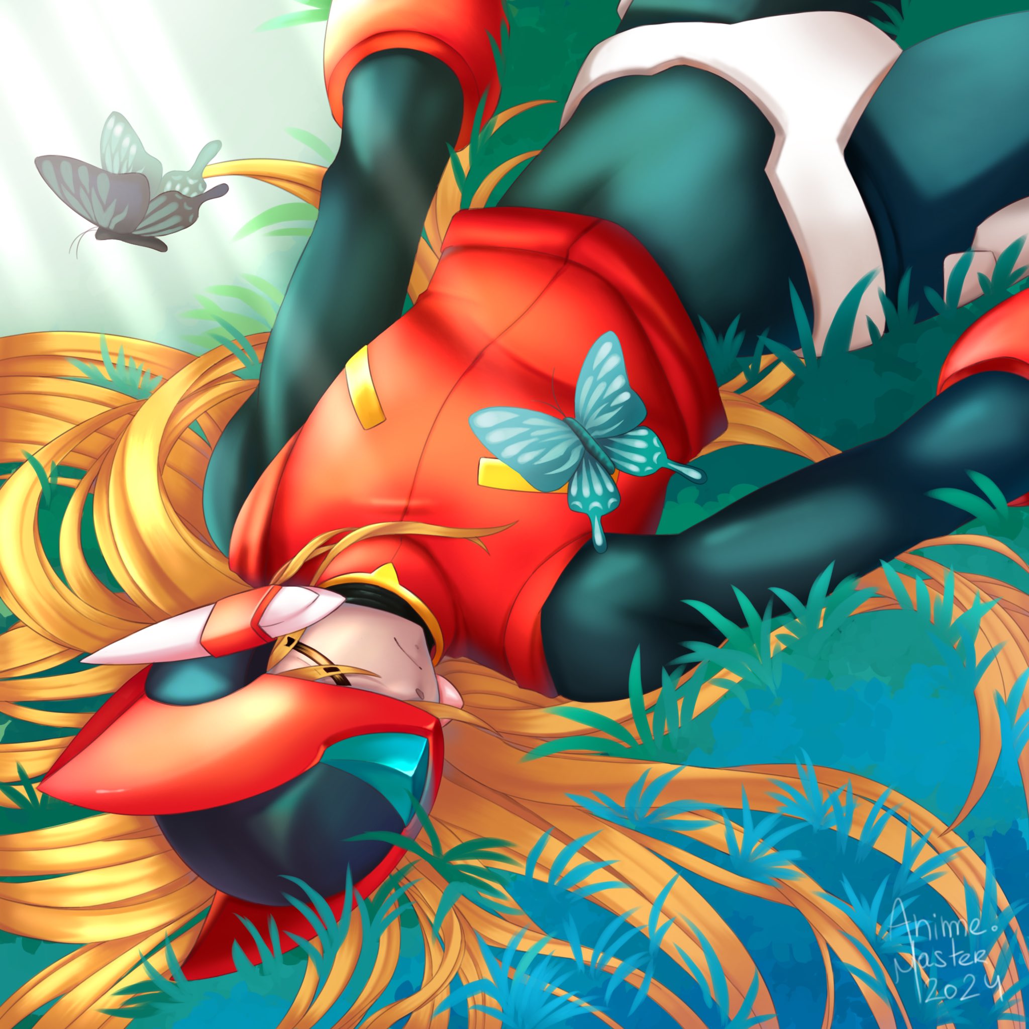 animemaster, zero(z) (mega man), zero (mega man), mega man (series), mega man zero (series), commentary, english commentary, highres, 1boy, android, artist name, blonde hair, blue butterfly, bug, butterfly, closed eyes, dated, forehead jewel, grass, hair between eyes, helmet, insect, jewelry, long hair, lying, on grass, ponytail, red helmet, robot, sleeping, solo, very long hair