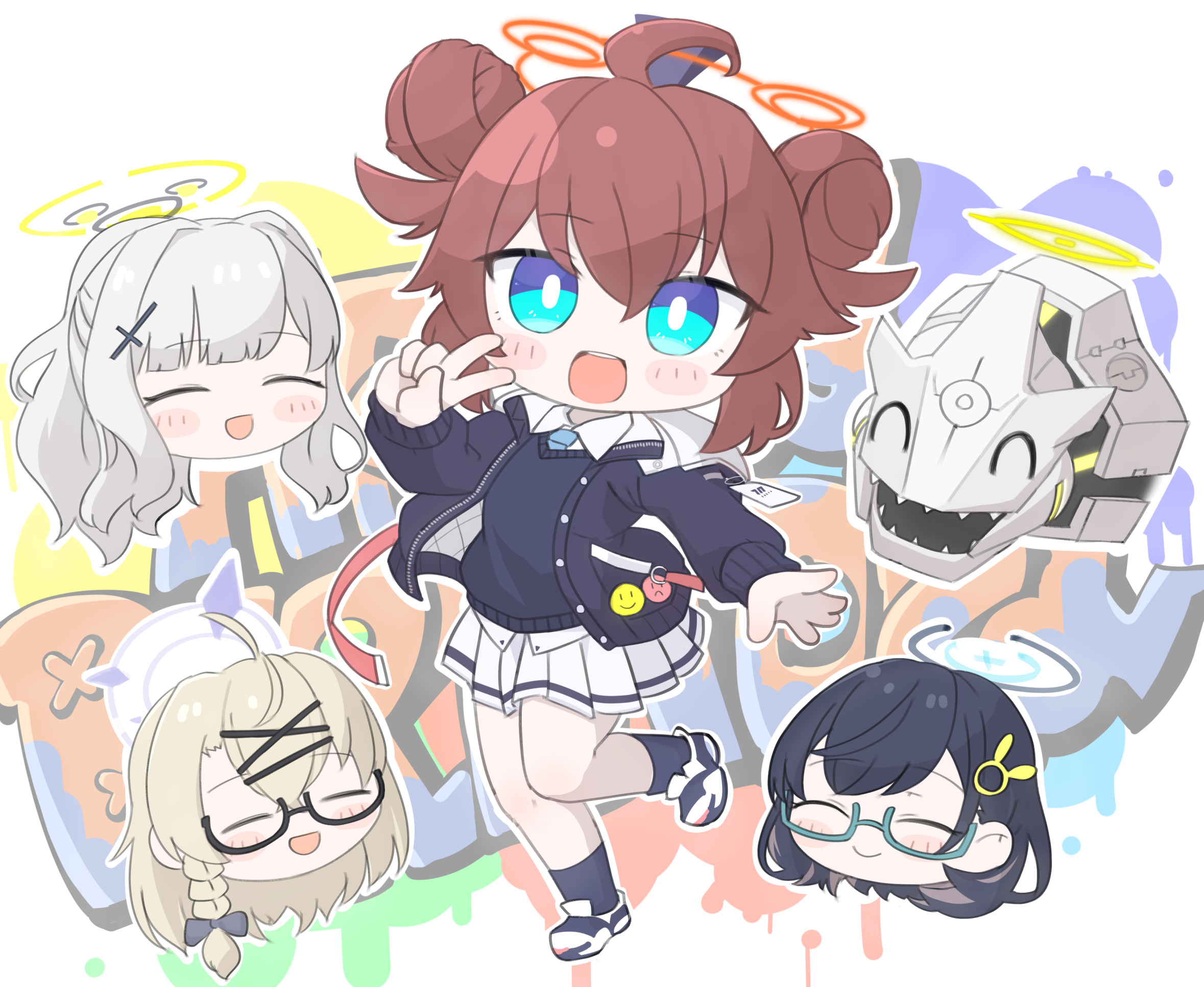 miranofuudoria, binah (blue archive), chihiro (blue archive), hare (blue archive), kotama (blue archive), maki (blue archive), blue archive, commentary request, highres, 4girls, :d, :p, ^ ^, badge, black hair, black socks, blue eyes, blue necktie, button badge, chibi, chibi inset, closed eyes, crosshair, double bun, glasses, graffiti, hair bun, hair ornament, halo, leg up, light blush, multiple girls, necktie, non-humanoid robot, open hand, open mouth, red hair, robot, robot animal, shoes, smile, smiley face, snake, sneakers, socks, spread fingers, standing, standing on one leg, sweater vest, tongue, tongue out, v, veritas (blue archive)