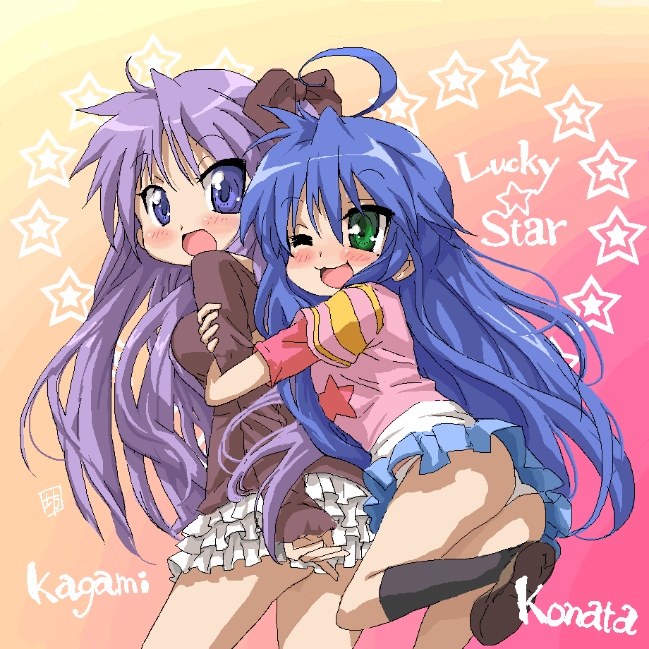 bou (artist), hiiragi kagami, izumi konata, lucky star, 00s, 2girls, ahoge, ass, blue eyes, blue hair, blush, breasts, casual, green eyes, hug, long hair, medium breasts, mole, mole under eye, multiple girls, oekaki, one eye closed, panties, pantyshot, purple eyes, purple hair, ribbon, skirt, smile, surprised, twintails, underwear, upskirt, wink, yuri