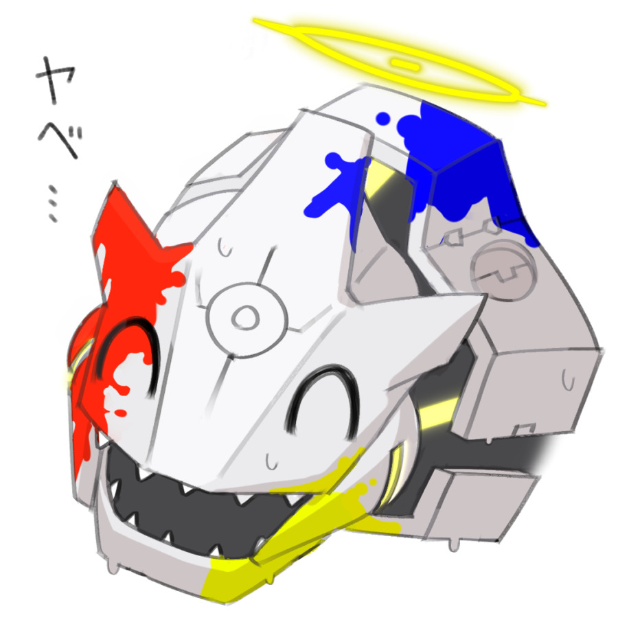 miranofuudoria, binah (blue archive), blue archive, commentary request, translation request, :d, ^ ^, closed eyes, facing viewer, halo, no humans, open mouth, paint splatter, robot, sharp teeth, simple background, smile, sweat, teeth, white background