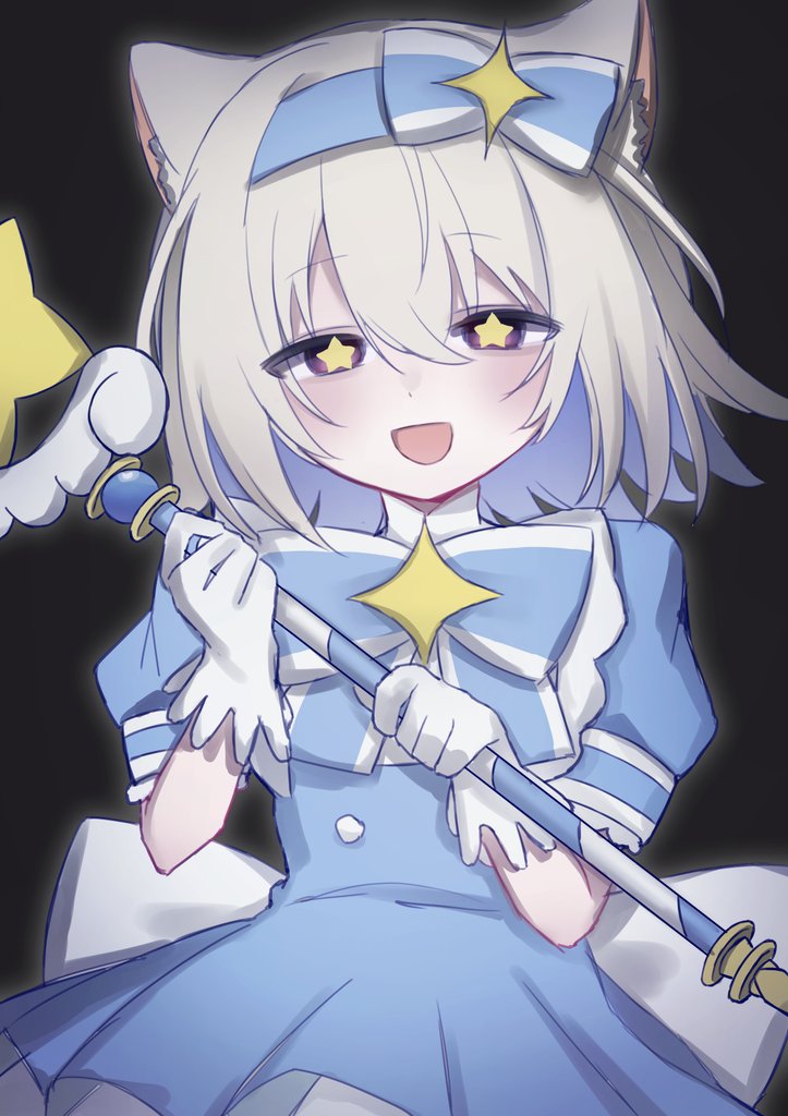 sayonaka (vtuber), indie virtual youtuber, hashtag-only commentary, 1girl, animal ear fluff, animal ears, arazan (ara arazan24), black background, blue dress, blue hair, bow hairband, cat ears, colored inner hair, dress, gloves, hair between eyes, hairband, half-closed eyes, holding, holding wand, ima sugu rinne (vocaloid), magical girl, medium hair, multicolored hair, open mouth, puffy short sleeves, puffy sleeves, purple eyes, short sleeves, simple background, smile, solo, sparkle, star-shaped pupils, star (symbol), star in eye, symbol-shaped pupils, symbol in eye, virtual youtuber, wand, white gloves, white hair