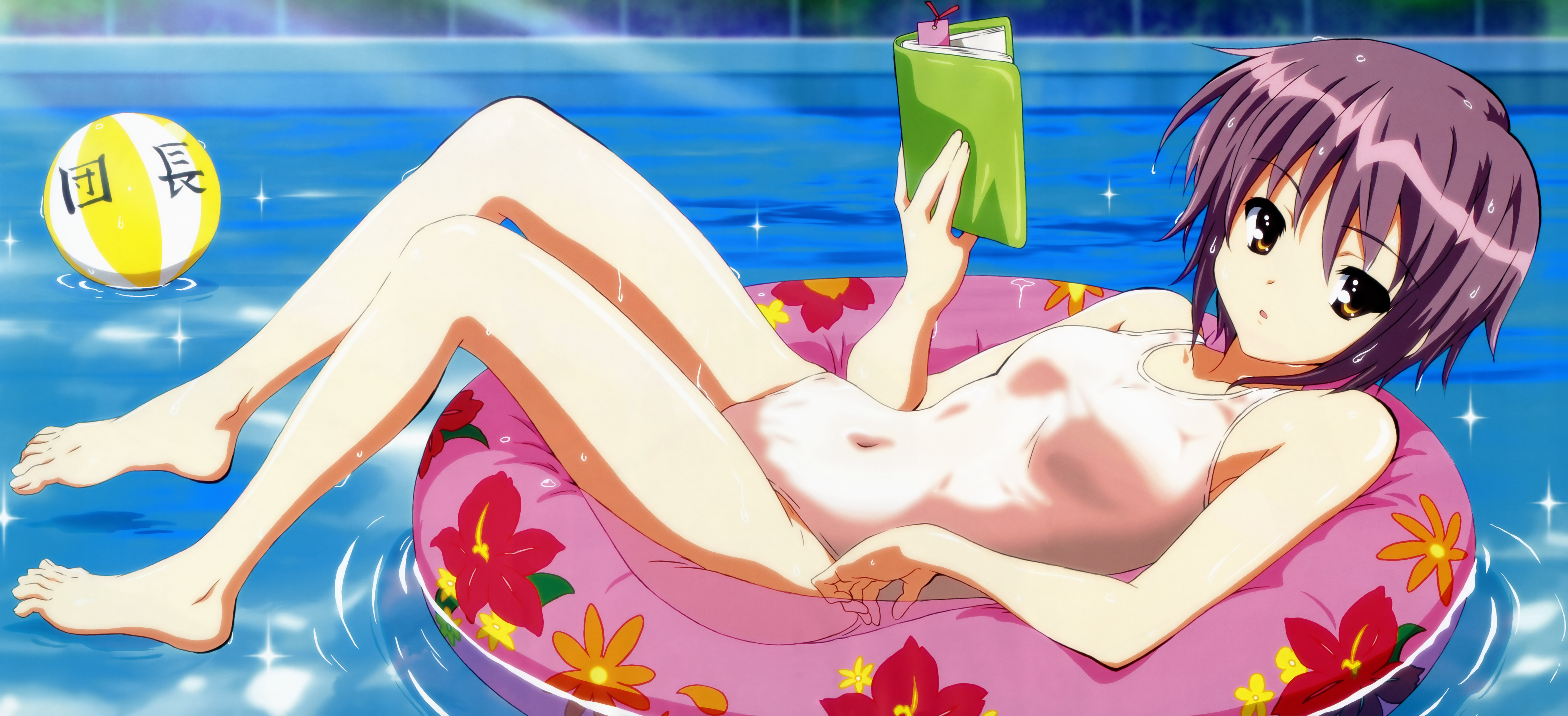 akitake seiichi, nagato yuki, nyantype, suzumiya haruhi no yuuutsu, absurdres, highres, non-web source, official art, scan, 00s, 1girl, ball, barefoot, beachball, book, bookmark, feet, female focus, flat chest, innertube, lying, one-piece swimsuit, pool, purple hair, school swimsuit, short hair, solo, swim ring, swimsuit, toes, water, wet, white one-piece swimsuit, white school swimsuit, yellow eyes