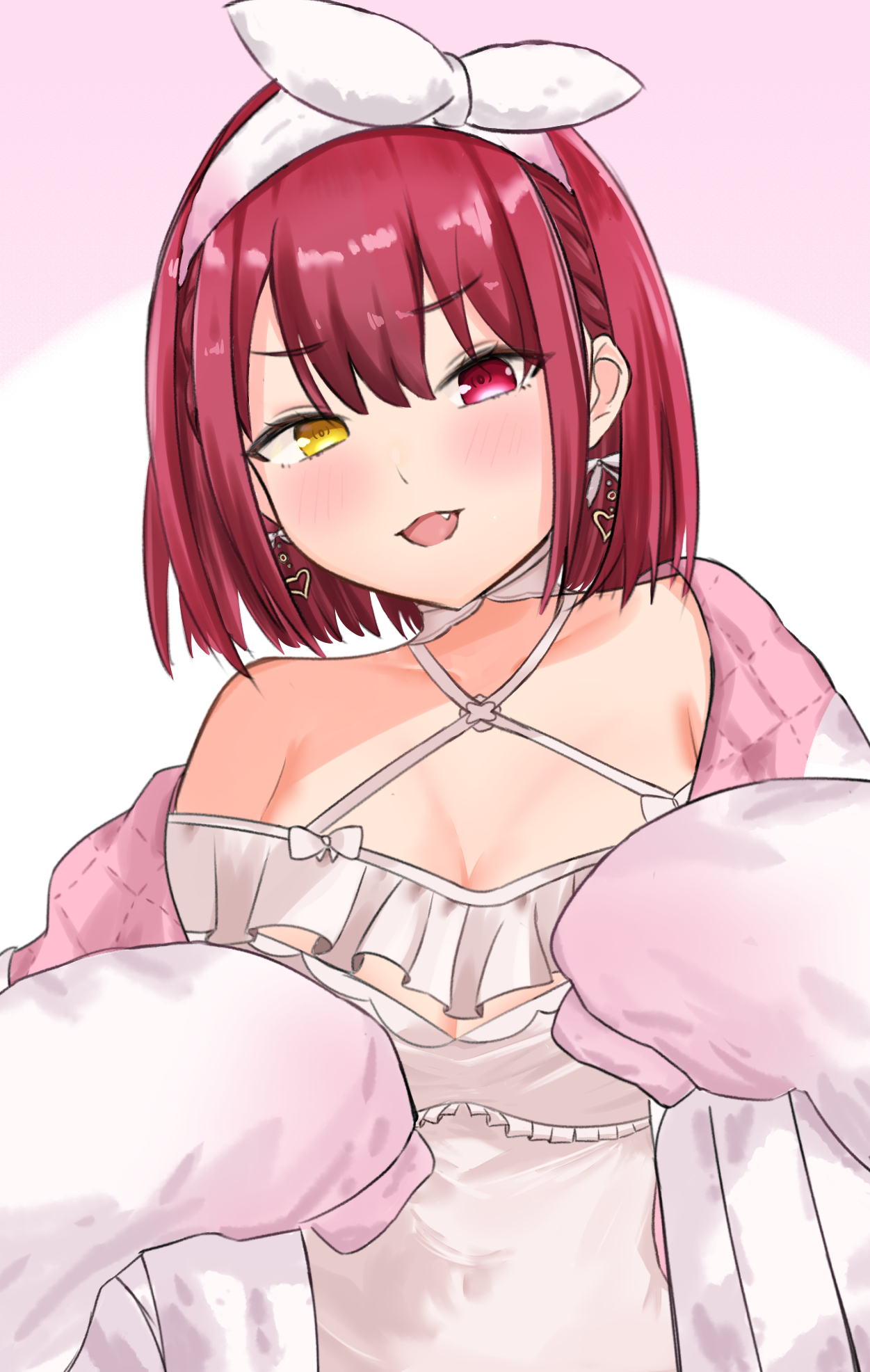 houshou marine, hololive, commentary request, highres, 1girl, 2024, blush, bob cut, breasts, cleavage, dottora, earrings, fang, heterochromia, jewelry, lingerie, looking at viewer, loungewear, medium breasts, negligee, open mouth, red eyes, red hair, simple background, sleeves past fingers, sleeves past wrists, smile, solo, underwear, virtual youtuber, yellow eyes