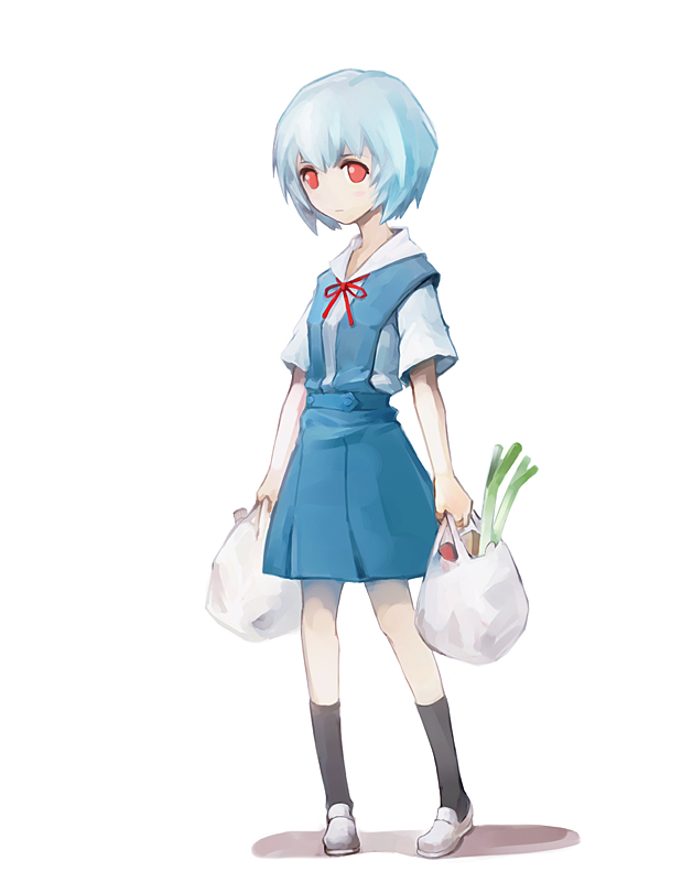 hironox, ayanami rei, neon genesis evangelion, bag, blue hair, bow, kneehighs, pale skin, red eyes, school uniform, shopping bag, socks, solo, spring onion