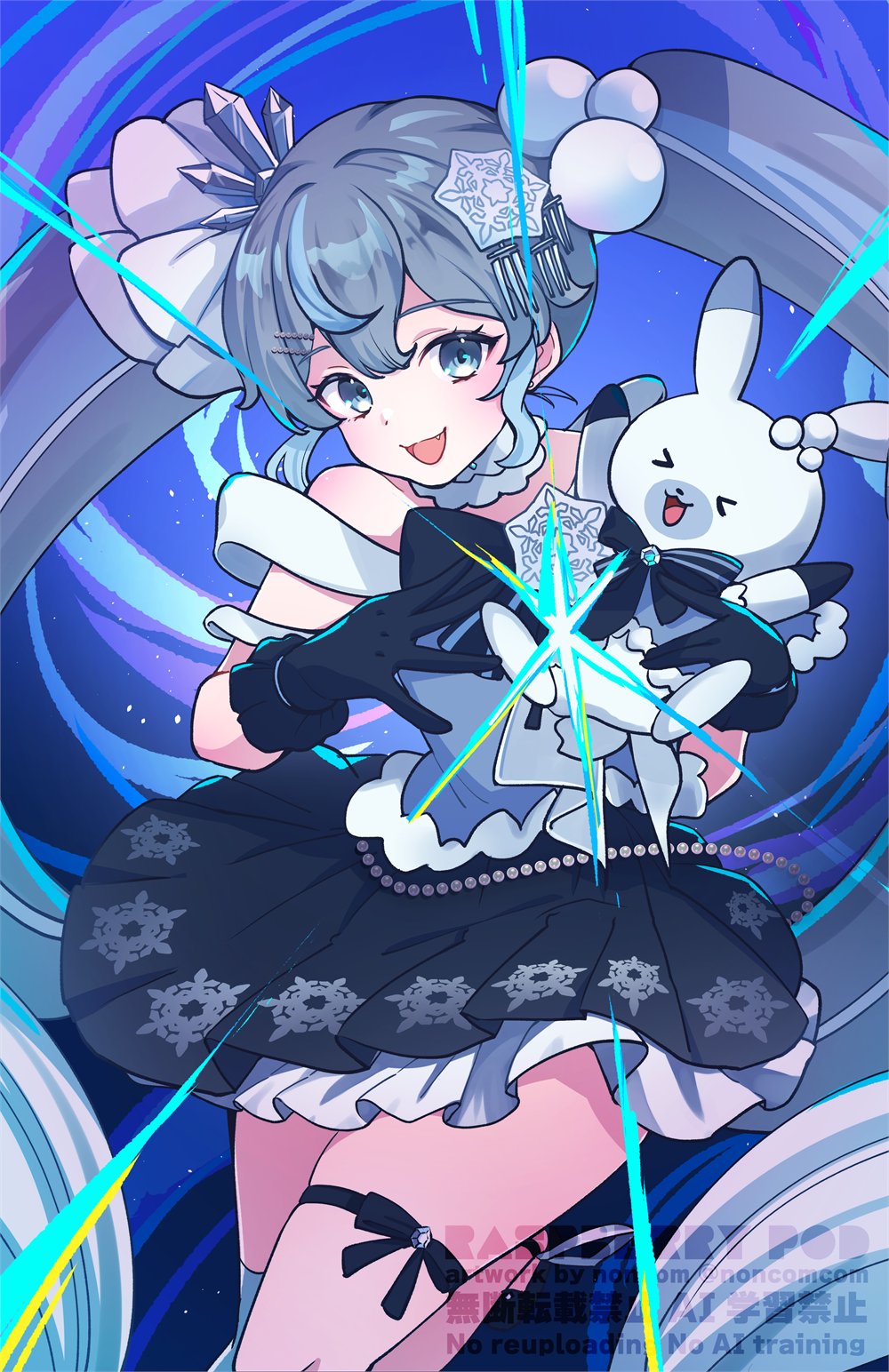 nonkomu (furiten5553), hatsune miku, rabbit yukine, yuki miku, yuki miku (2025), vocaloid, commentary request, highres, > <, 1girl, 1other, :3, animal, aqua eyes, aqua hair, blue gloves, blue hair, blush, closed eyes, crystal hair ornament, dress, gloves, gradient hair, hair between eyes, hair ornament, long hair, looking at another, multicolored hair, official alternate costume, official alternate hairstyle, open mouth, pleated skirt, rabbit, single thighhigh, skirt, sleeveless, sleeveless dress, smile, snowflake hair ornament, snowflake ornament, snowflake print, striped clothes, striped thighhighs, thigh strap, thighhighs, twintails, very long hair, wand, wavy hair, white hair, white rabbit (animal), white thighhighs