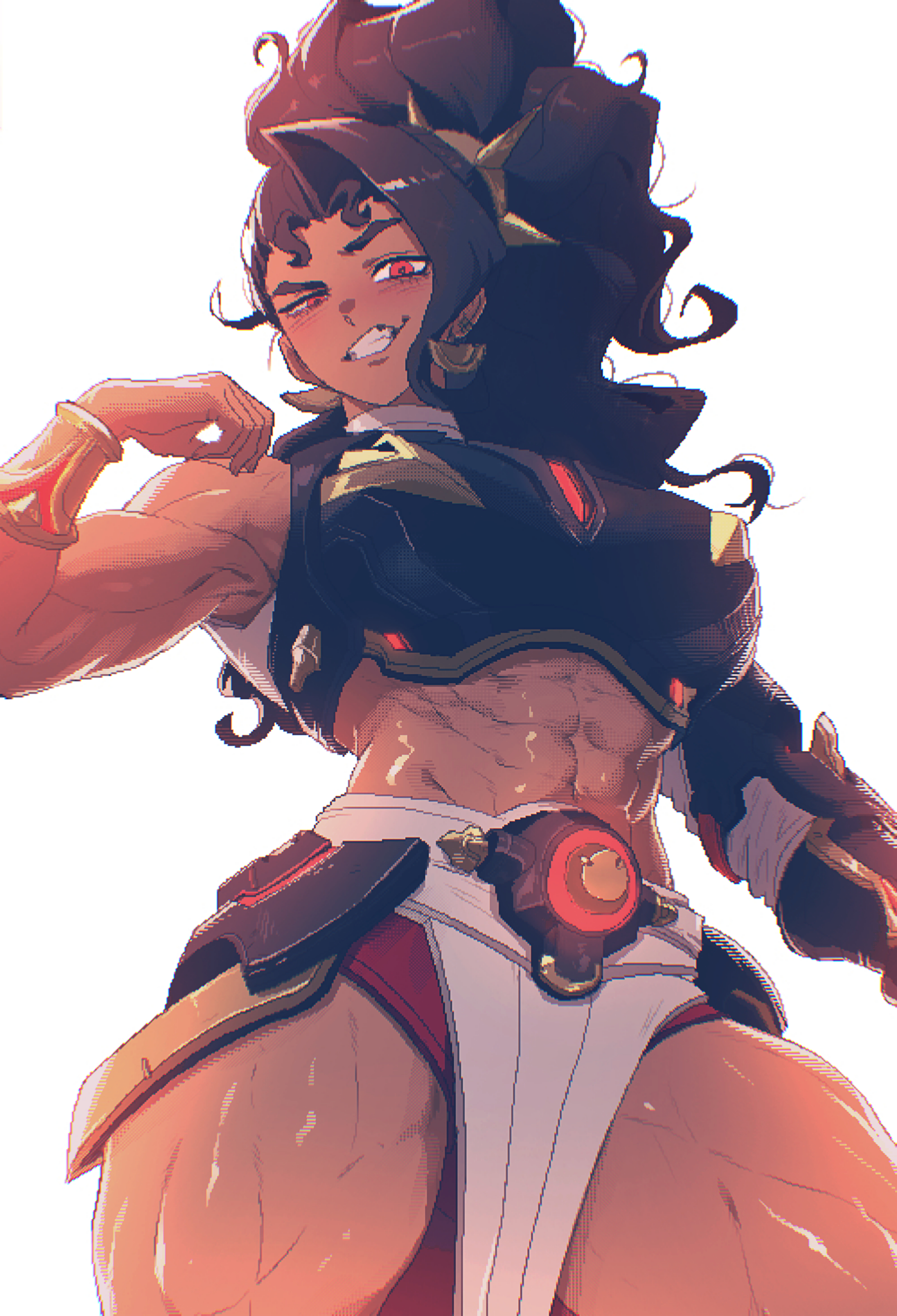 spoiledmuffin, original, absurdres, commentary request, highres, korean commentary, 1girl, abs, black hair, blush, breasts, dark-skinned female, dark skin, gold bracer, hair ornament, large breasts, long hair, looking at viewer, midriff, muscular, muscular female, ponytail, red eyes, thighs, toon (style)