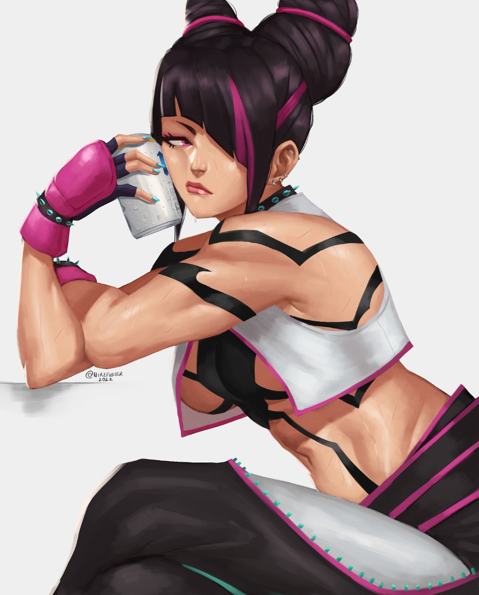 nire (nirefuster), han juri, street fighter, commentary, english commentary, highres, bored, breasts, can, collar, ear piercing, gloves, hair over one eye, looking to the side, midriff, piercing, signature, simple background, sitting, spiked collar, spikes