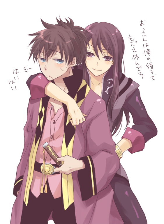 raven (tales), yuri lowell, tales of (series), tales of vesperia, translation request, 00s, 2boys, black eyes, black hair, blue eyes, bracelet, jewelry, long hair, male focus, multiple boys, ponytail, smile