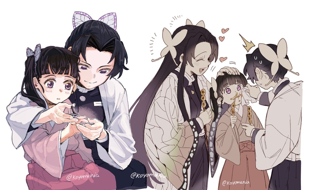 koyomania, kochou kanae, kochou shinobu, tsuyuri kanao, kimetsu no yaiba, commentary, symbol-only commentary, 3girls, ^^^, animal print, black hair, blunt bangs, butterfly hair ornament, butterfly print, butterfly print haori, cleaning, clipping another's nails, closed eyes, closed mouth, curtained hair, demon slayer uniform, food, food on face, hair ornament, handkerchief, haori, happy, headpat, heart, holding, holding handkerchief, japanese clothes, kimono, long hair, long sleeves, multiple girls, multiple views, nail clippers, open mouth, parted bangs, pink eyes, pink kimono, print haori, purple eyes, raised eyebrows, short hair, siblings, side ponytail, simple background, sisters, smile, sweat, twitter username, white background, wiping