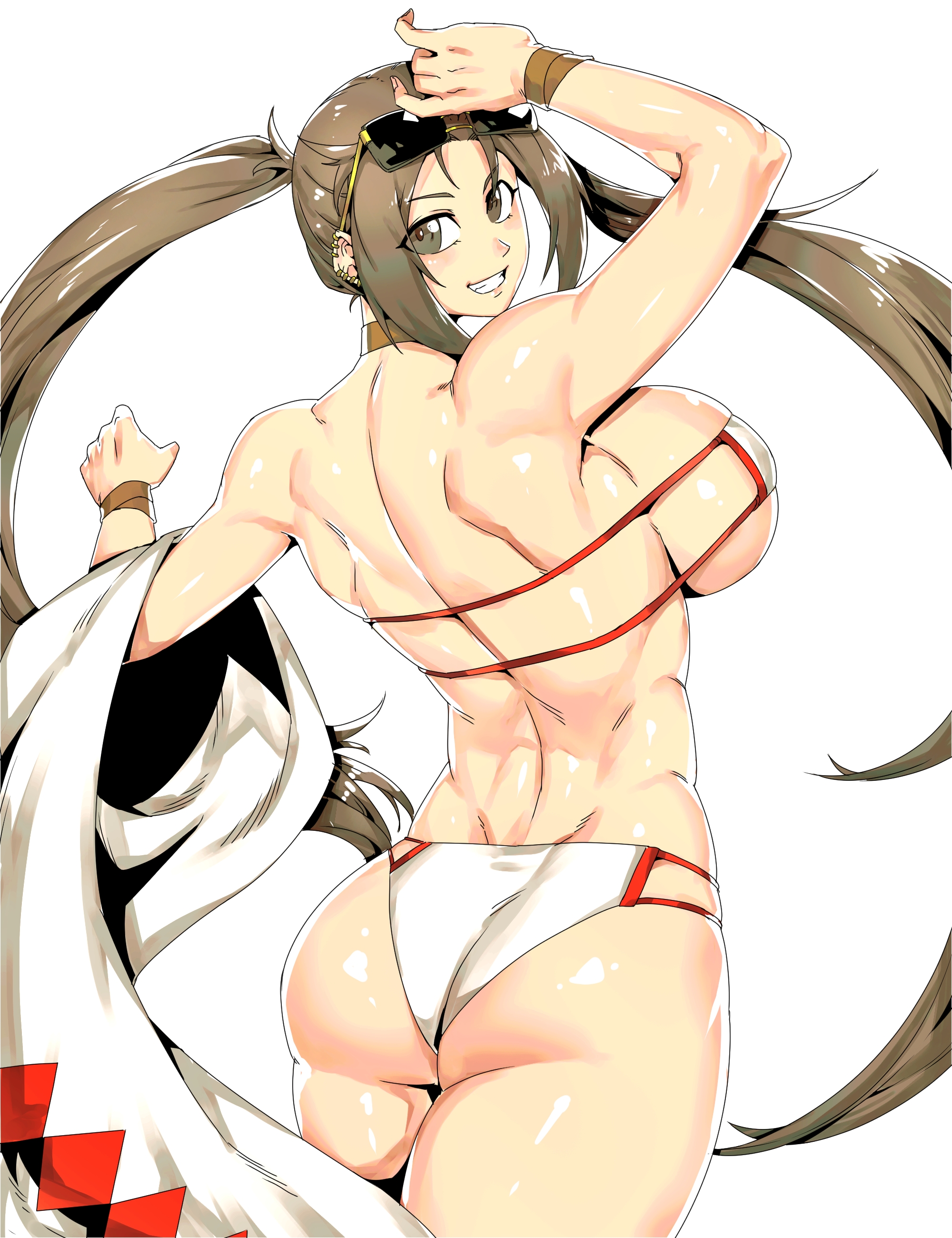 minew, yu mei-ren (fate), yu mei-ren (swimsuit lancer) (fate), fate/grand order, fate (series), absurdres, highres, 1girl, ass, back, bare shoulders, bikini, blush, breasts, brown eyes, brown hair, earrings, eyewear on head, grin, jewelry, large breasts, long hair, looking at viewer, looking back, smile, solo, sunglasses, swimsuit, thighs, twintails, very long hair, white bikini