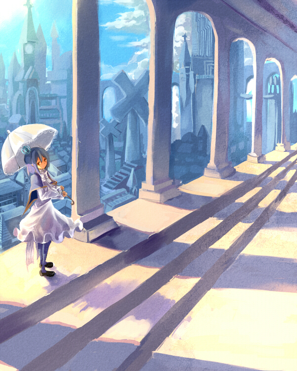 hikariz, dhiea seville (pause), pause (dhiea), 1girl, blue hair, cross, dress, female focus, red eyes, solo, umbrella