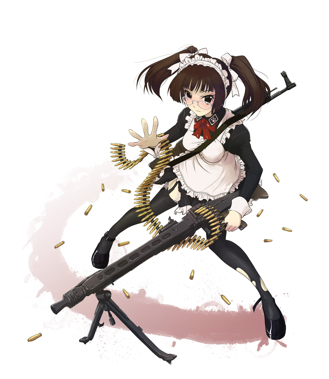 mk (mod0), original, highres, 1girl, ammunition belt, apron, assault rifle, bipod, brown eyes, brown hair, bullet, cartridge, combat maid, female focus, frills, from above, garter straps, glasses, gun, left-handed, legs, machine gun, maid, maid apron, maid headdress, mg 42, rifle, schutzstaffel, shell casing, short hair, short twintails, solo, stg44, thighhighs, torn clothes, twintails, weapon