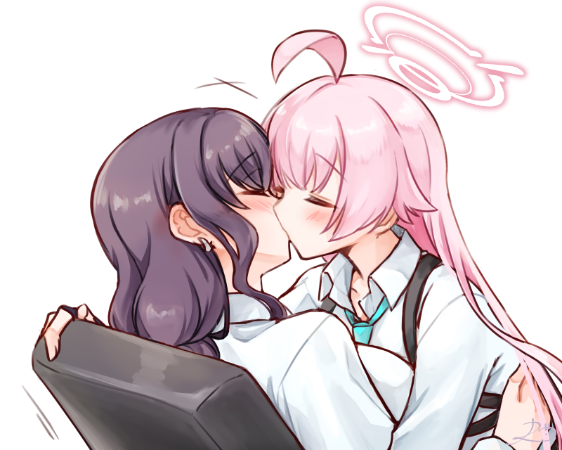 rarasa (rarasa), female sensei (blue archive), hoshino (blue archive), sensei (blue archive), blue archive, commentary, symbol-only commentary, 2girls, ahoge, blue necktie, blush, brown hair, closed eyes, collared shirt, halo, kiss, long hair, multiple girls, necktie, pink hair, shirt, simple background, white background, white shirt, yuri