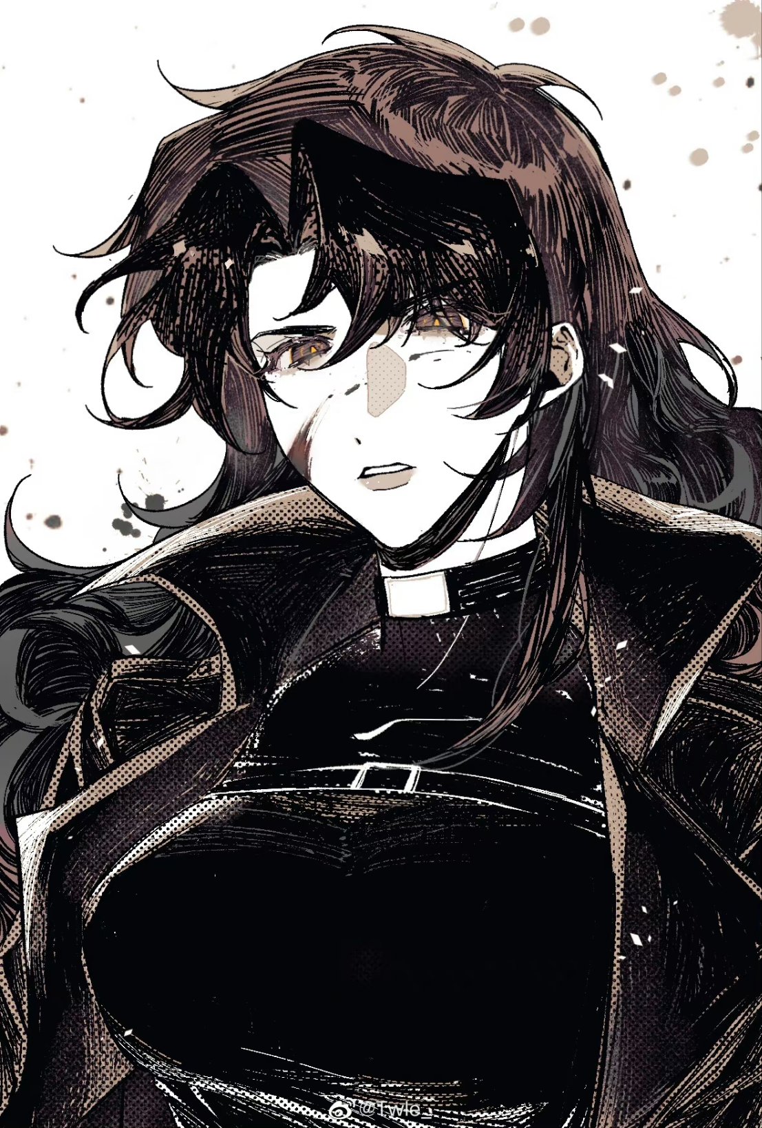 yoo joonghyuk, omniscient reader's viewpoint, commentary, english commentary, highres, 1girl, black coat, black eyes, black hair, black shirt, chest belt, coat, genderswap, genderswap (mtf), long hair, looking at viewer, official alternate costume, open clothes, open coat, parted lips, popped collar, scar, scar on face, serious, shirt, solo, twle, upper body