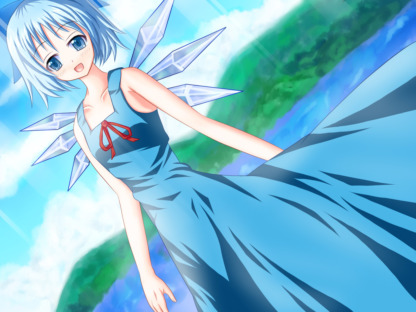 yuusen (aenka), cirno, embodiment of scarlet devil, touhou, highres, aged up, blue eyes, blue hair, bow, dress, hair bow, short hair, smile, solo, wings