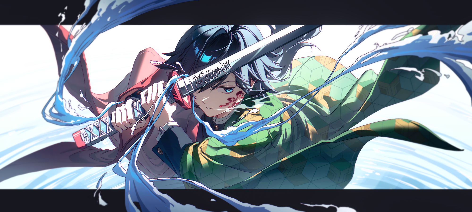 enoharatoki, tomioka giyuu, kimetsu no yaiba, commentary request, highres, 1boy, black hair, blue eyes, hair over one eye, haori, holding, holding sword, holding weapon, japanese clothes, katana, letterboxed, long hair, looking to the side, male focus, ponytail, print haori, red haori, solo, sword, weapon