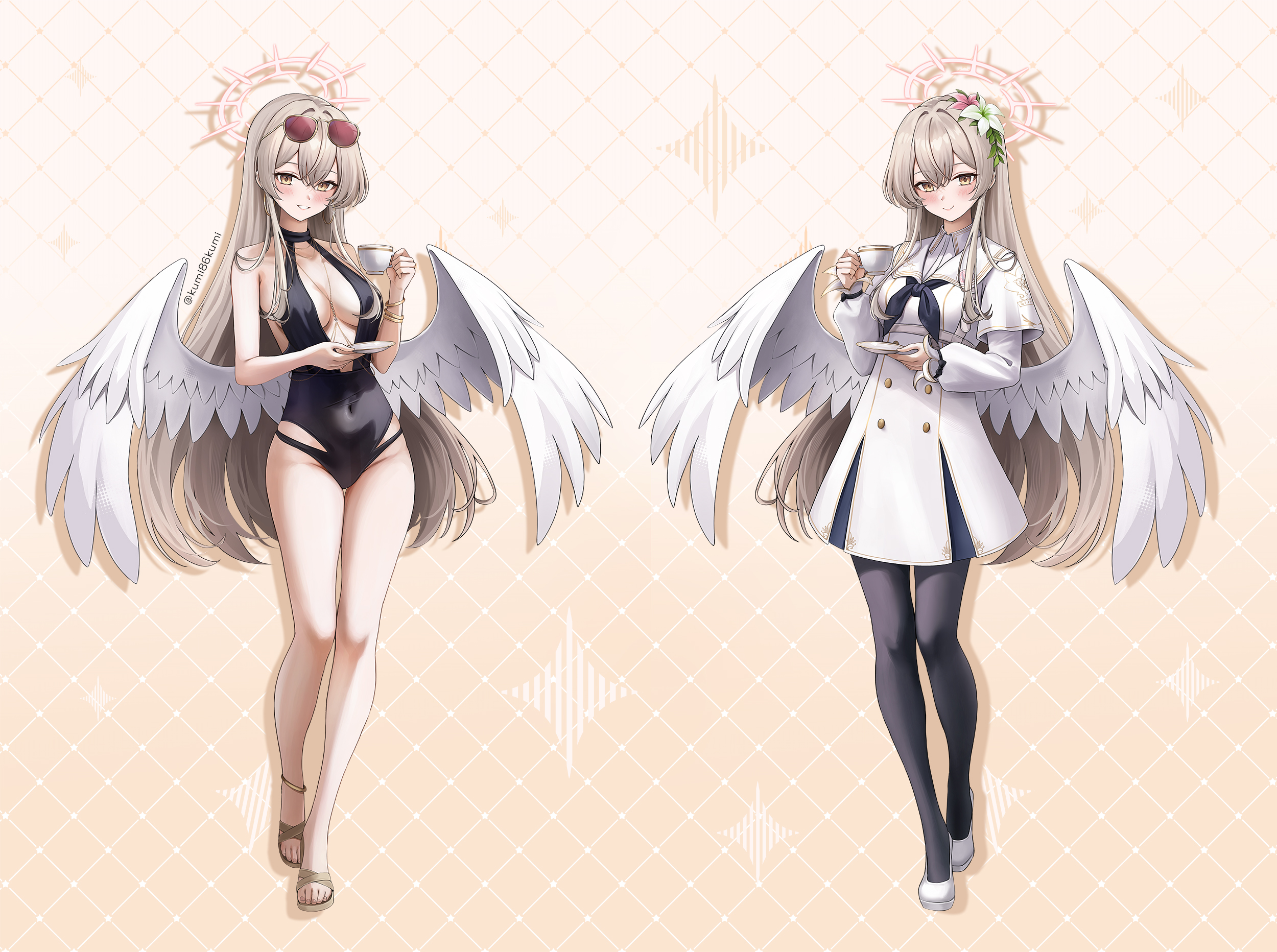 kottungyang, nagisa (blue archive), nagisa (swimsuit) (blue archive), blue archive, highres, 1girl, bare legs, black one-piece swimsuit, black pantyhose, breasts, cup, dress, eyewear on head, feathered wings, flower, hair flower, hair ornament, halo, holding, holding cup, holding saucer, large breasts, long hair, multiple views, one-piece swimsuit, pantyhose, saucer, sunglasses, swimsuit, teacup, very long hair, white dress, wings, yellow eyes