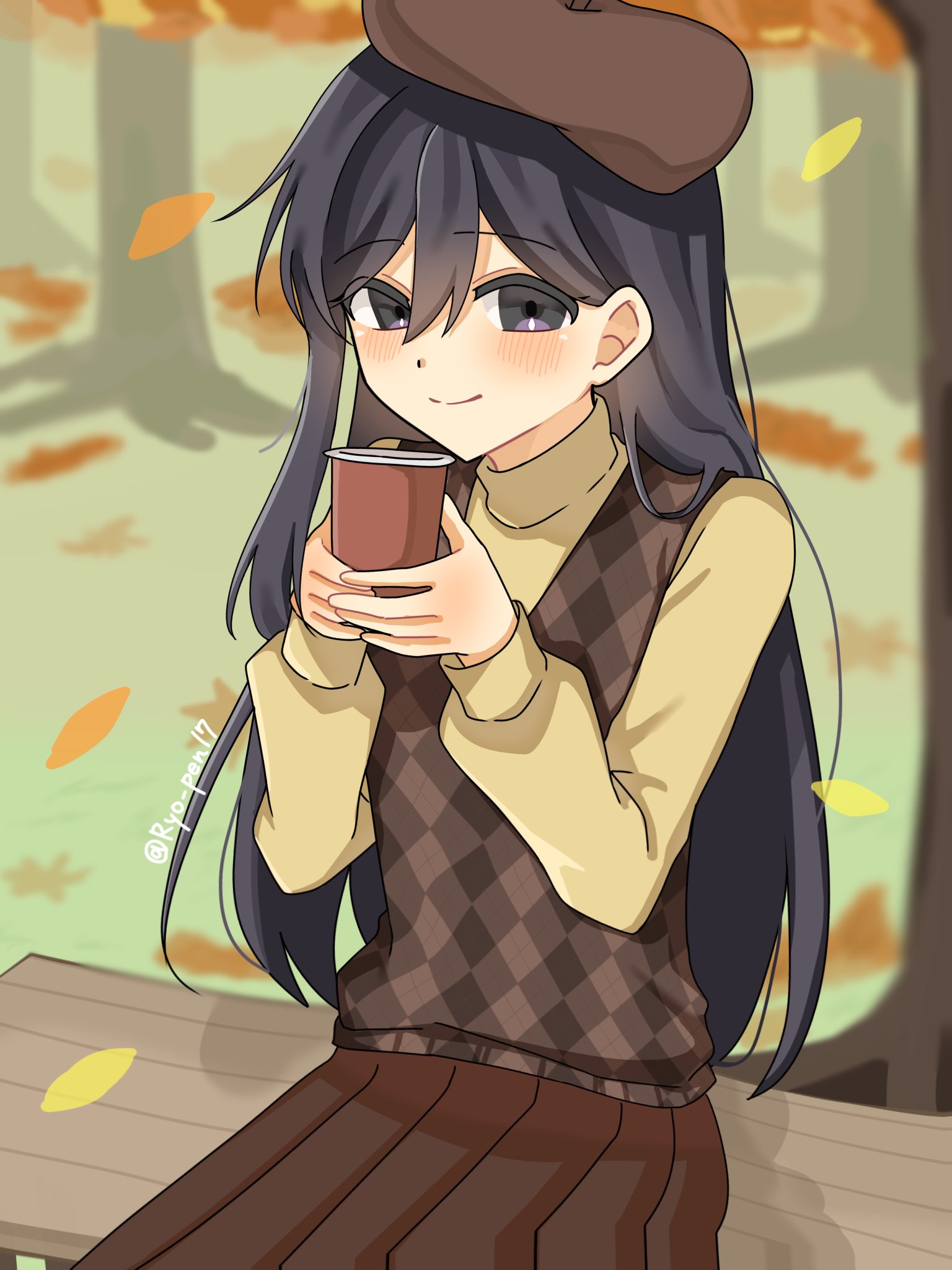ryo pen17, mari (faraway) (omori), mari (omori), omori, commentary, highres, symbol-only commentary, 1girl, alternate costume, argyle clothes, argyle sweater vest, autumn, autumn leaves, bench, beret, black eyes, black hair, blurry, blurry background, blush, brown hat, brown skirt, brown sweater vest, closed mouth, cowboy shot, cup, day, double-parted bangs, eyes visible through hair, flat chest, grass, hair behind ear, hair between eyes, hands up, hat, holding, holding cup, leaf, long hair, long sleeves, looking at viewer, on bench, outdoors, pleated skirt, puffy long sleeves, puffy sleeves, simple background, sitting, skirt, smile, solo, straight hair, sweater, sweater vest, tareme, tree, turtleneck, turtleneck sweater, twitter username, very long hair, wooden bench, yellow sweater