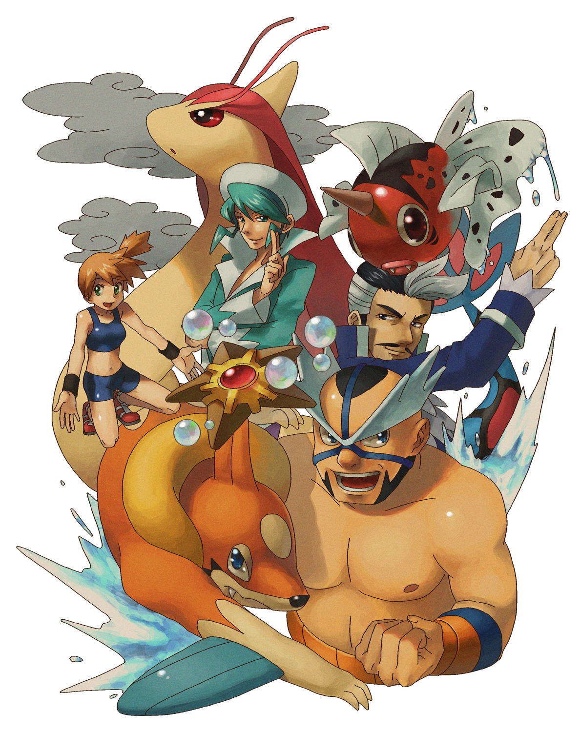 enu (spinal), crasher wake, floatzel, juan (pokemon), milotic, misty (pokemon), seaking, staryu, wallace (pokemon), nintendo, pokemon, pokemon frlg, pokemon rgby, pokemon rse, bad id, bad pixiv id, highres, 00s, 1990s (style), 1girl, 3boys, aqua hair, armband, bikini, blue bikini, bubble, cloud, facial hair, fangs, gen 1 pokemon, gen 3 pokemon, gen 4 pokemon, gym leader, hat, mask, multicolored hair, multiple boys, mustache, open mouth, orange hair, pokemon (creature), retro artstyle, side ponytail, smile, sports bikini, swimsuit, topless male, two-tone hair, water, wristband