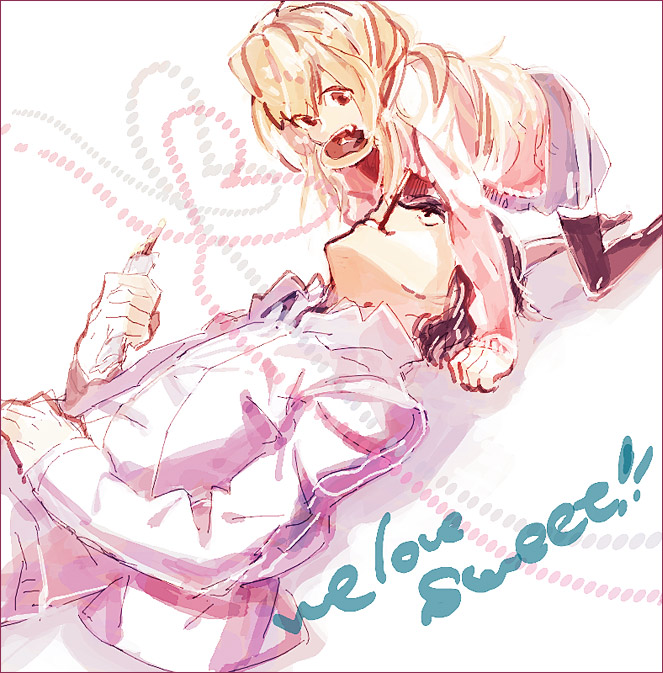 chiko (beroro), aisaka taiga, takasu ryuuji, toradora!, 00s, 1boy, 1girl, blonde hair, blush, full body, girl on top, heart, heart of string, kneeling, lying, on back, red eyes, simple background, thighhighs, white background