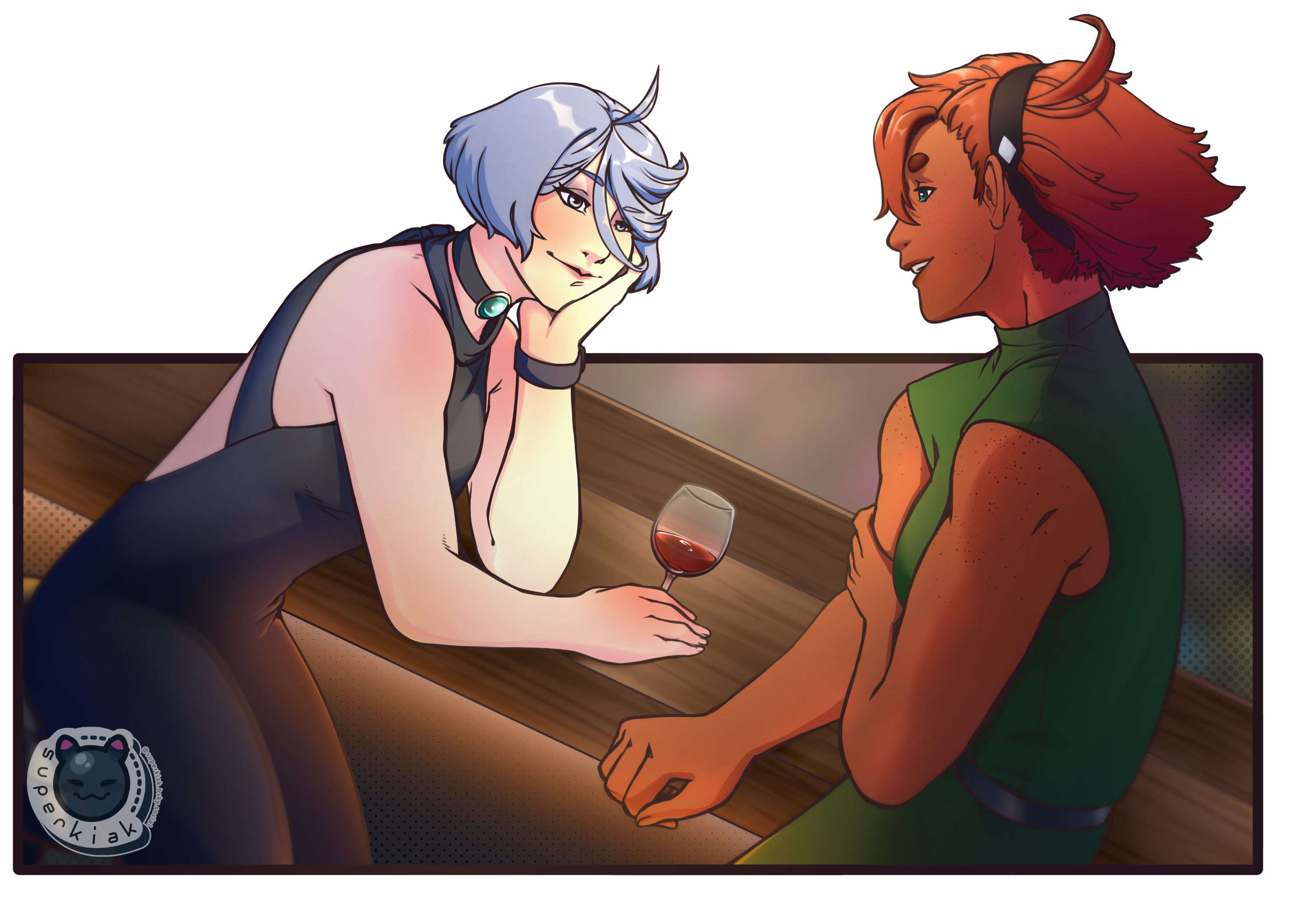 superkiak, miorine rembran, suletta mercury, gundam, gundam suisei no majo, highres, 2girls, ahoge, alcohol, artist name, backless dress, backless outfit, black dress, blue eyes, bracelet, counter, cup, dark-skinned female, dark skin, dress, drinking glass, green dress, grey eyes, hairband, hand on chin, jewelry, multiple girls, muscular, muscular arms, muscular female, necklace, red hair, short hair, sleeveless, sleeveless dress, swept bangs, thick eyebrows, transparent background, white hair, wine, wine glass