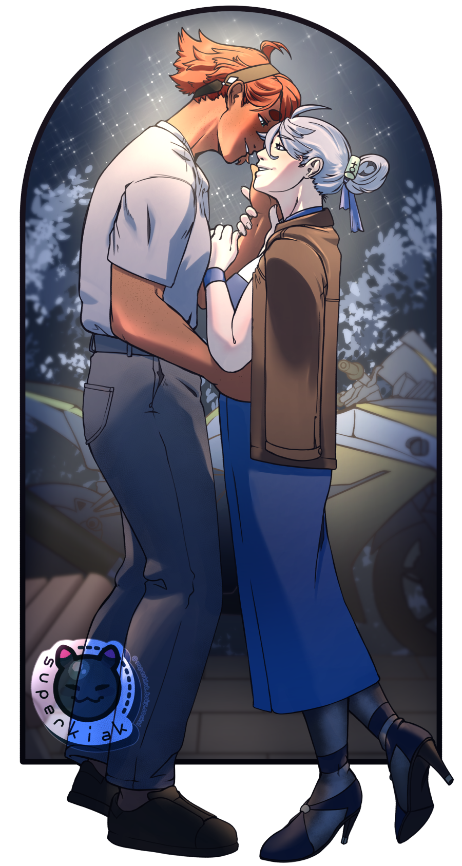 superkiak, miorine rembran, suletta mercury, gundam, gundam suisei no majo, highres, 2girls, ahoge, artist name, black pantyhose, black shoes, blue dress, brown jacket, dark-skinned female, dark skin, dress, grey pants, grey socks, hair bun, hairband, hand on another's arm, hand on another's face, hand on another's waist, high heels, imminent kiss, jacket, jacket on shoulders, loafers, multiple girls, pants, pantyhose, red hair, shirt, shoes, short hair, socks, swept bangs, t-shirt, tall female, thick eyebrows, transparent background, white hair, white shirt, yuri