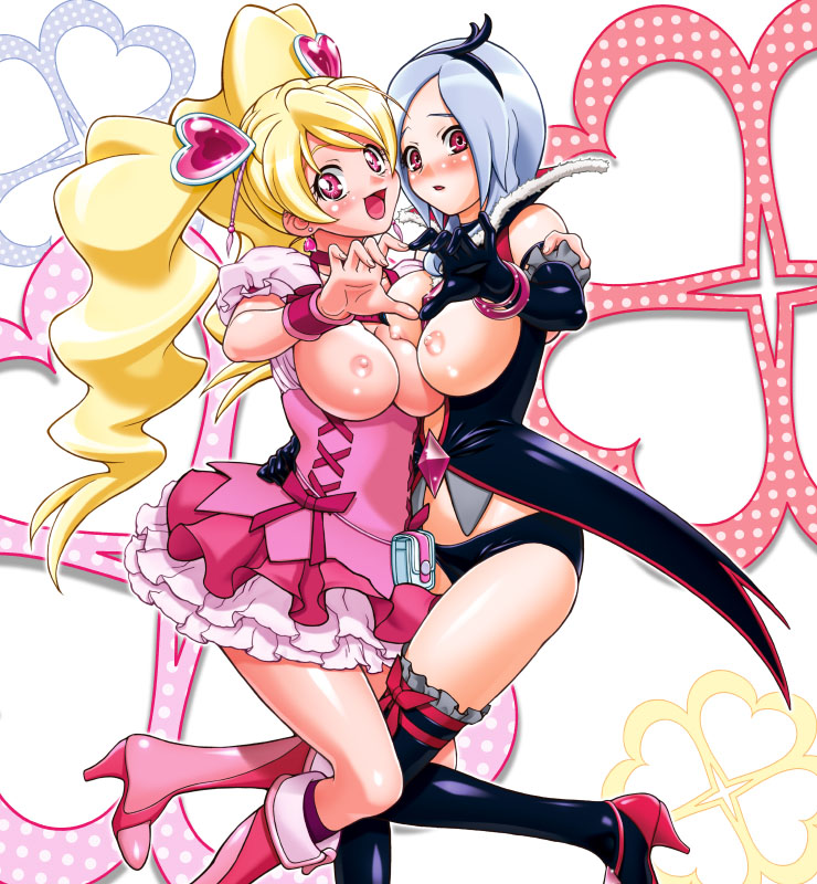 gambler club, kohsaka jun, cure peach, eas (fresh precure!), higashi setsuna, momozono love, fresh precure!, precure, silver hair, 00s, 2girls, bag, black thighhighs, blonde hair, blush, boots, bow, bracelet, breast press, breasts, dress, earrings, elbow gloves, eyelashes, four-finger heart hands, gloves, hair ornament, hairband, handbag, heart, heart hair ornament, heart hands, heart hands duo, high heels, hug, jewelry, knee boots, large breasts, long hair, magical girl, multiple girls, nipples, pink boots, pink bow, pink eyes, red eyes, shoes, short hair, symmetrical docking, thighhighs, twintails