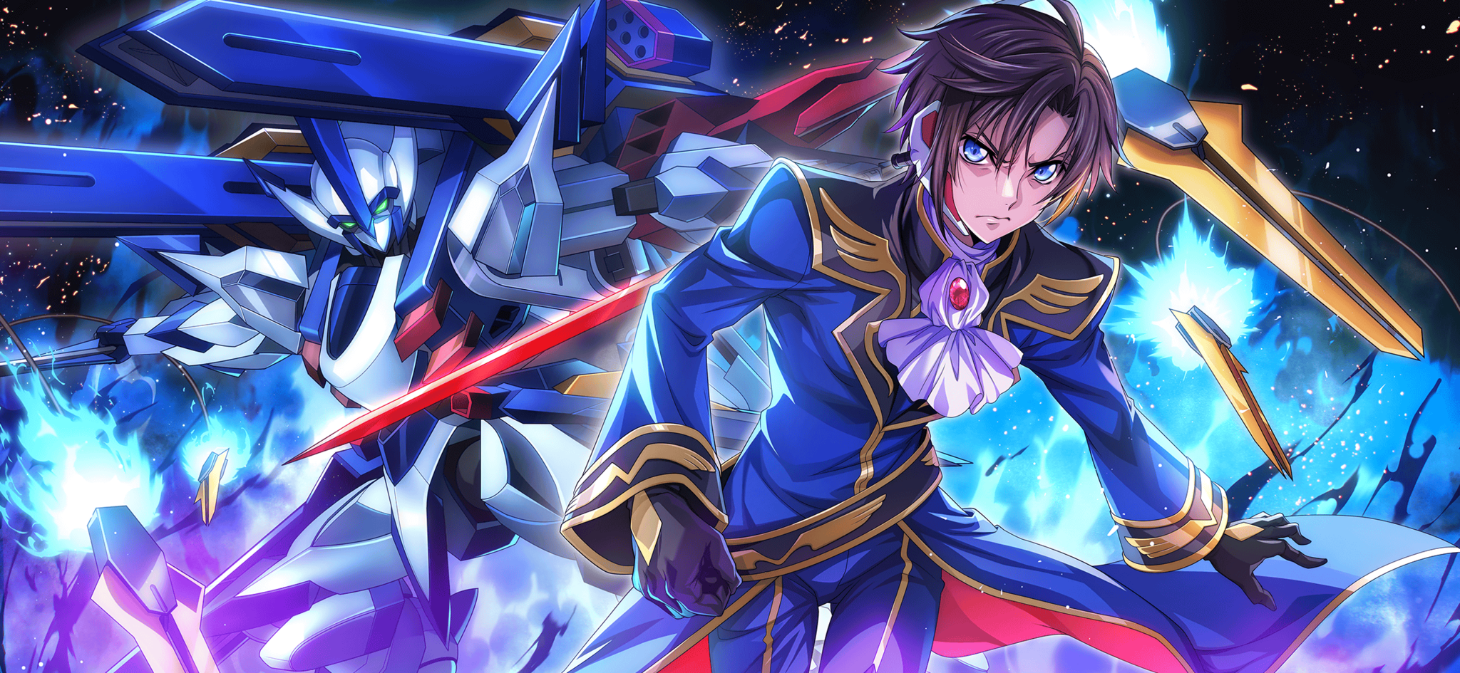 f4samurai, mario disel, pendulum (code geass), code geass, code geass: lost stories, commentary request, highres, official art, 1boy, black gloves, black hair, blue eyes, blue fire, closed mouth, fire, gloves, knightmare frame, mecha, military uniform, robot, short hair, solo