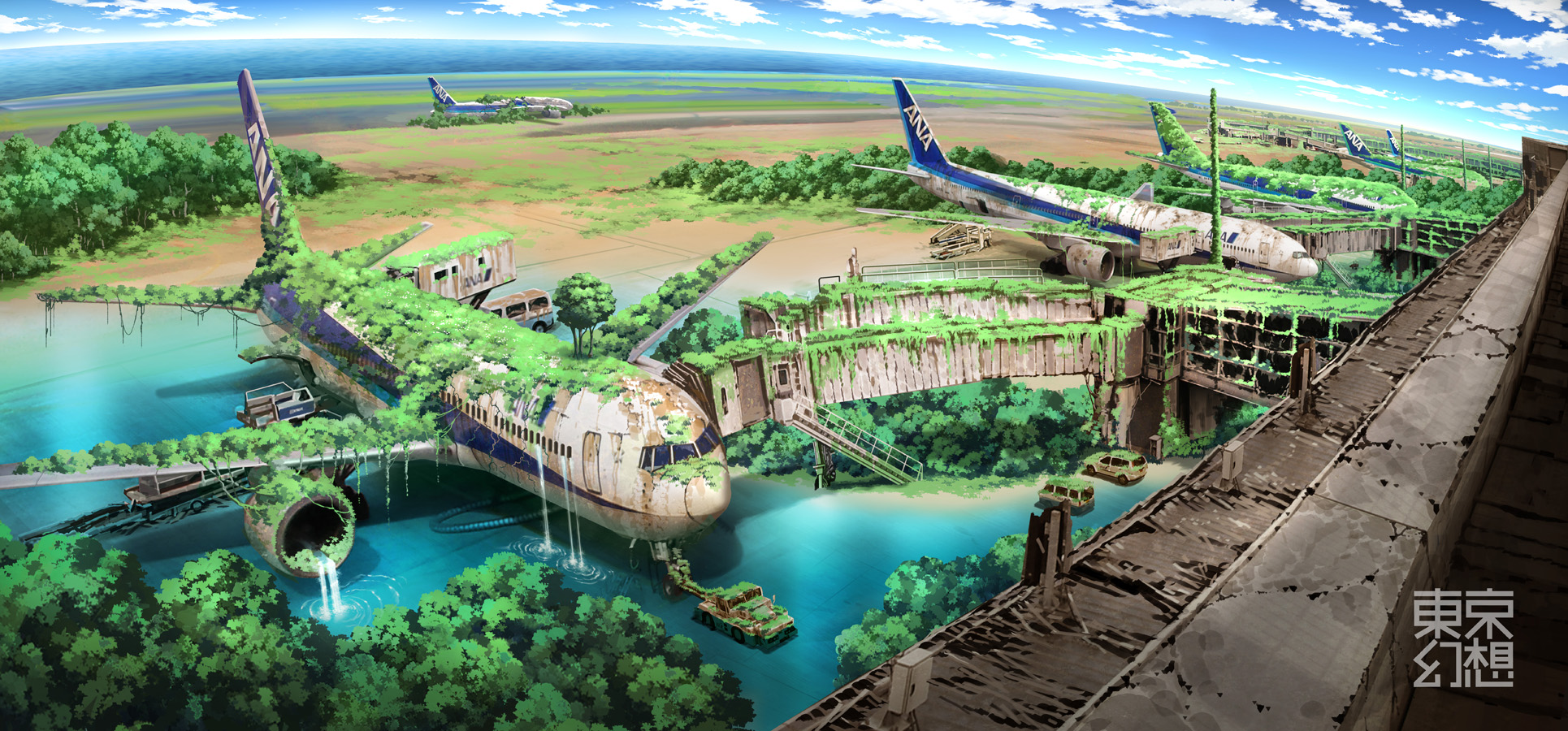 tokyogenso, all nippon airways, original, highres, aircraft, airplane, airport, car, cloud, day, jet airliner, motor vehicle, no humans, ocean, overgrown, post-apocalypse, ruins, scenery, sky, tree, truck, vehicle focus, water