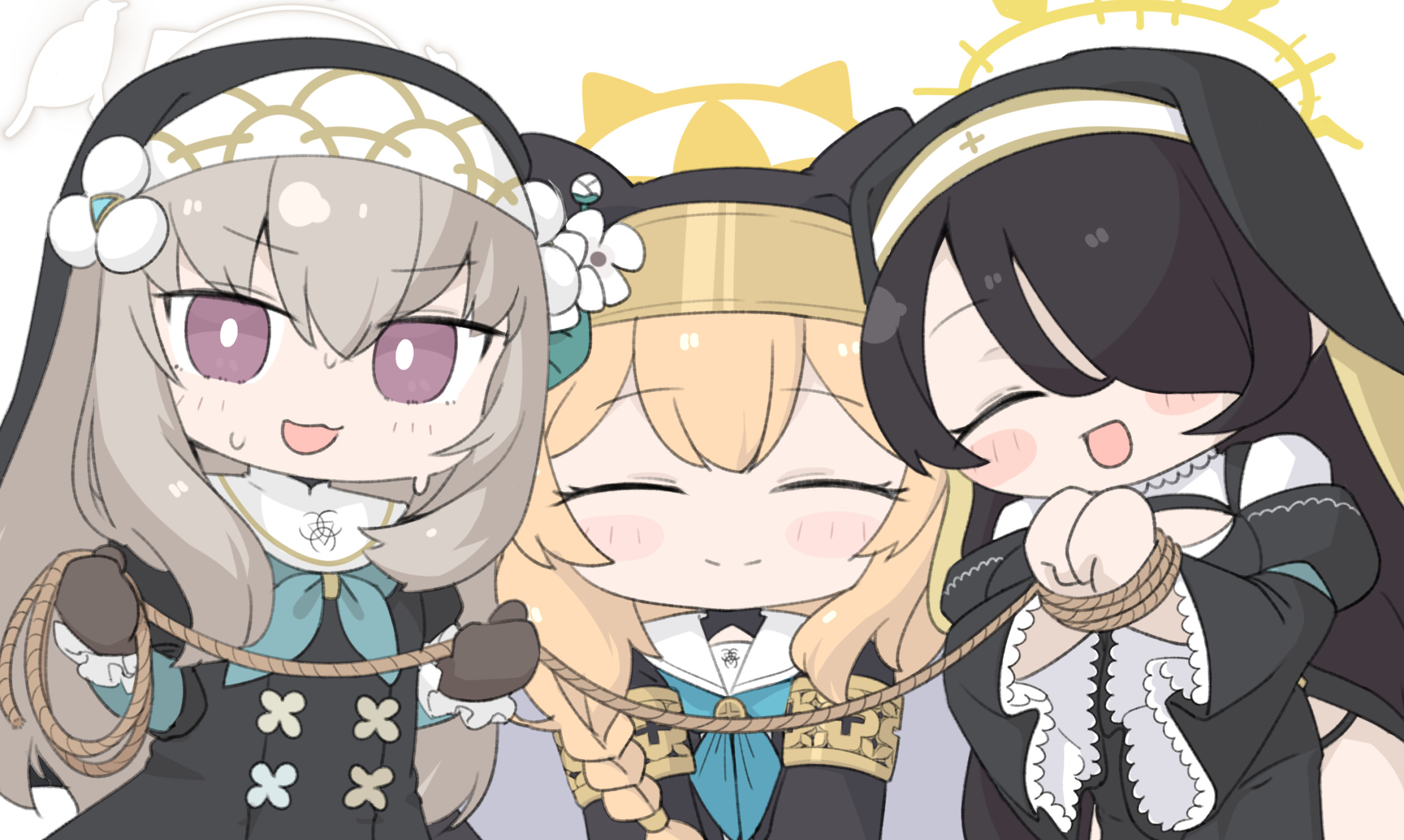 miranofuudoria, hinata (blue archive), mari (blue archive), sakurako (blue archive), blue archive, commentary request, highres, 3girls, black dress, black hair, blue neckerchief, bound, bound wrists, braid, breasts, brown hair, chibi, dress, flower, hair between eyes, hair over one eye, halo, large breasts, long hair, long sleeves, multiple girls, neckerchief, nun, purple eyes, simple background, single braid, veil, very long hair, white background, white flower, wide sleeves