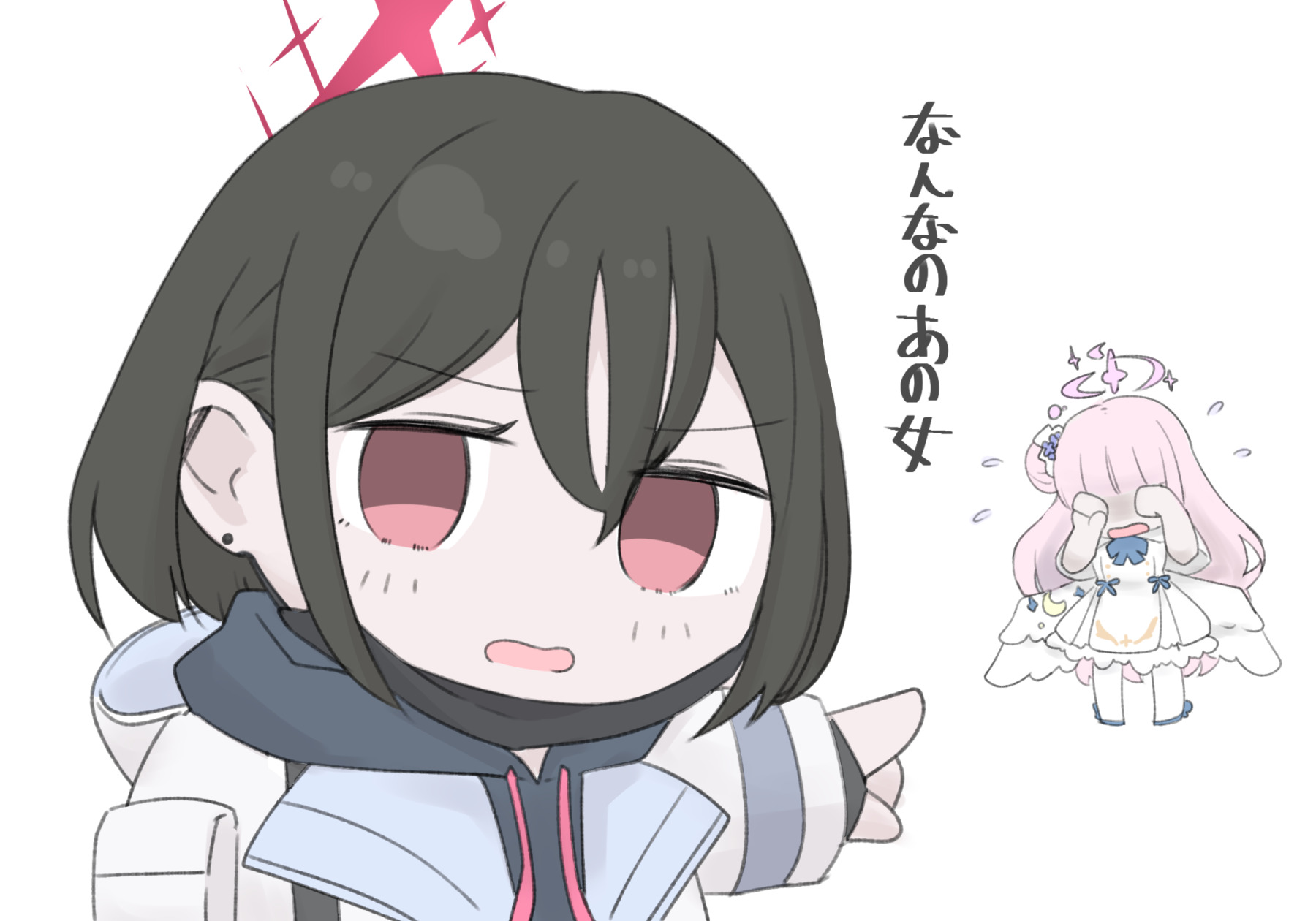 miranofuudoria, mika (blue archive), misaki (blue archive), blue archive, commentary request, highres, translation request, 2girls, black gloves, black hair, black hoodie, blue bow, blue shoes, bow, capelet, chibi, crescent, drawstring, dress, earrings, fingerless gloves, flower, flying sweatdrops, gloves, hair between eyes, hair bun, hair flower, hair ornament, halo, hood, hood down, hoodie, jacket, jewelry, long hair, low wings, multiple girls, open clothes, open jacket, open mouth, outstretched arm, pantyhose, pink hair, pointing, purple flower, red eyes, shoes, simple background, single side bun, stud earrings, very long hair, white background, white capelet, white dress, white jacket, white pantyhose, white wings, wings