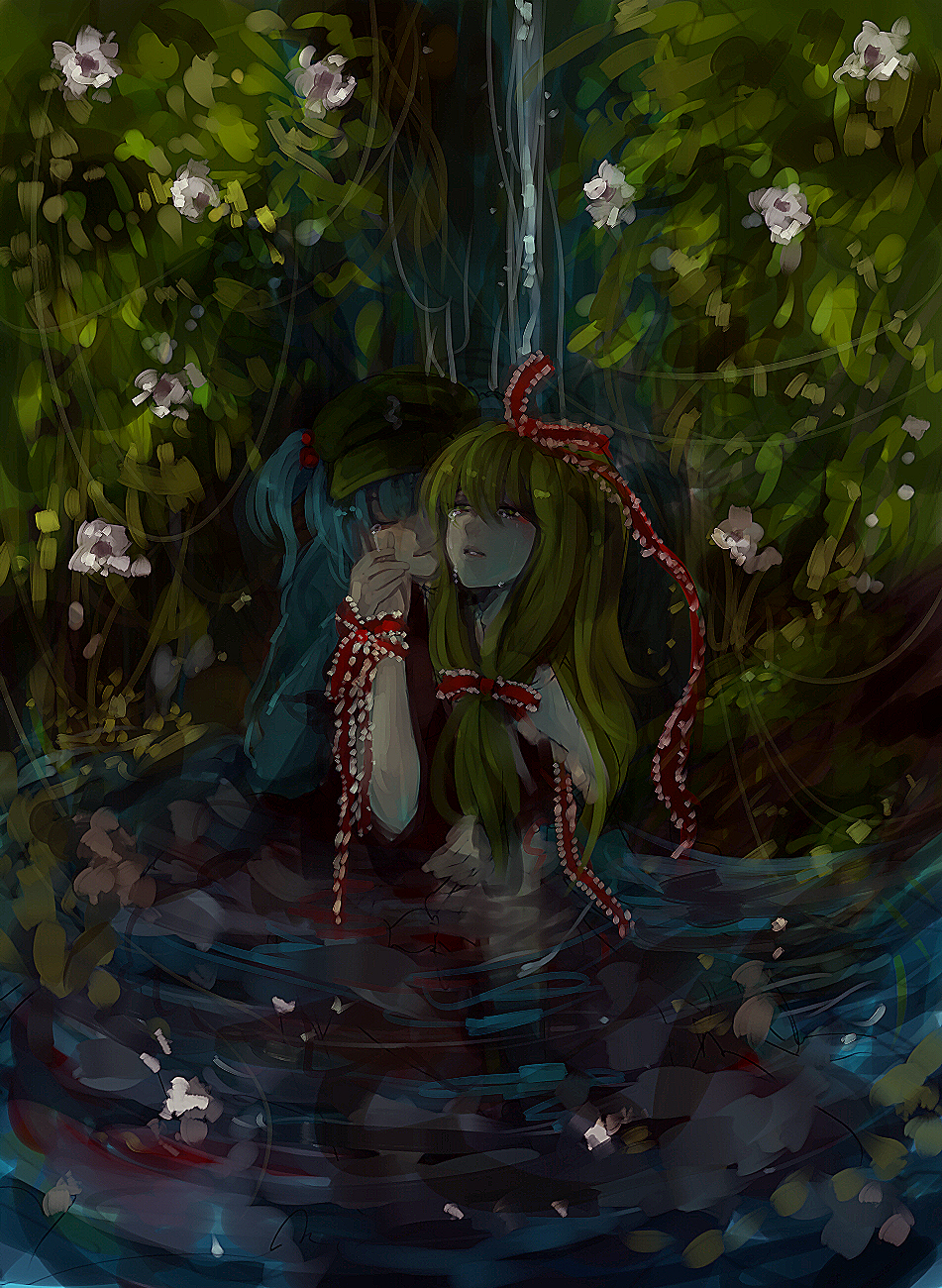 minase (mmakina), kagiyama hina, kawashiro nitori, touhou, bad id, bad pixiv id, highres, 2girls, blue hair, closed eyes, couple, female focus, front ponytail, green hair, hair ribbon, hat, hug, hug from behind, long hair, multiple girls, nature, ribbon, short hair, tears, twintails, two side up, water, waterfall, yuri
