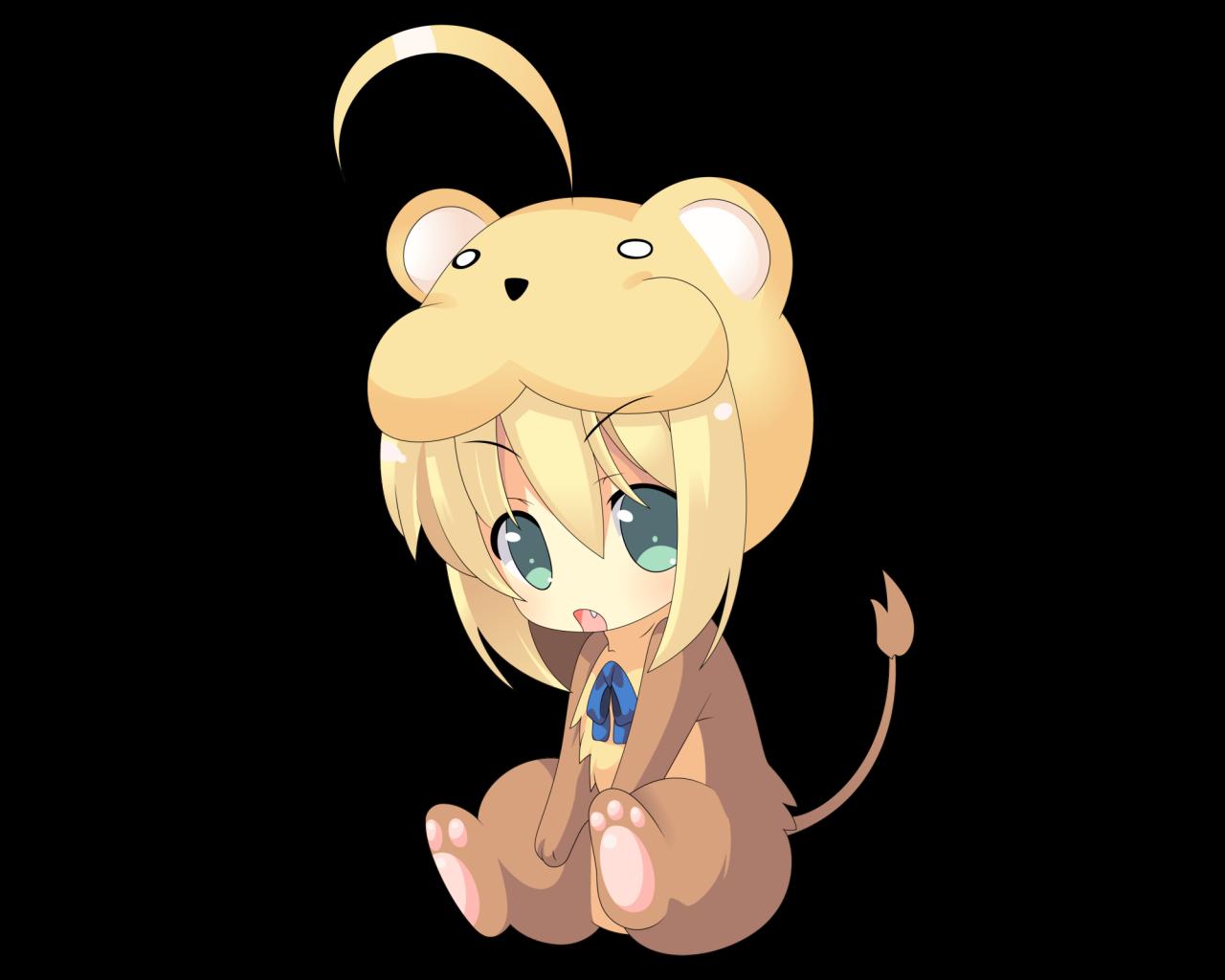 artoria pendragon (fate), saber (fate), saber lion, fate/stay night, fate (series), 00s, ahoge, animal costume, blonde hair, chibi, green eyes, lion, lion costume, moe (phrase)