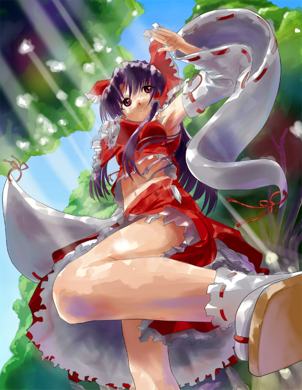 soramiruku, hakurei reimu, touhou, 1girl, female focus, from below, light rays, midriff, solo, sunbeam, sunlight, tree