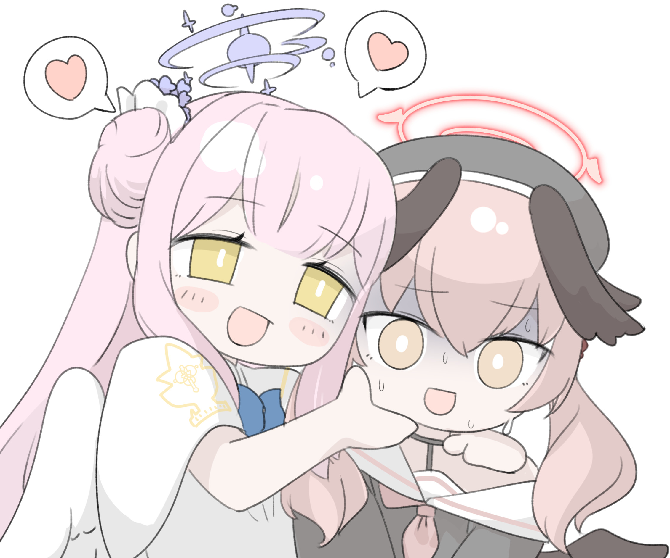 miranofuudoria, koharu (blue archive), mika (blue archive), blue archive, commentary request, highres, 2girls, :d, beret, black hat, black shirt, black wings, blue bow, blush stickers, bow, brown eyes, capelet, chibi, dress, feathered wings, flower, hair bun, hair flower, hair ornament, halo, hand on another's face, hand on another's shoulder, hat, head wings, heart, long hair, low twintails, multiple girls, off shoulder, open mouth, pink hair, purple flower, sailor collar, shirt, simple background, single side bun, smile, spoken heart, turn pale, twintails, upper body, very long hair, white background, white capelet, white dress, white sailor collar, white wings, wings