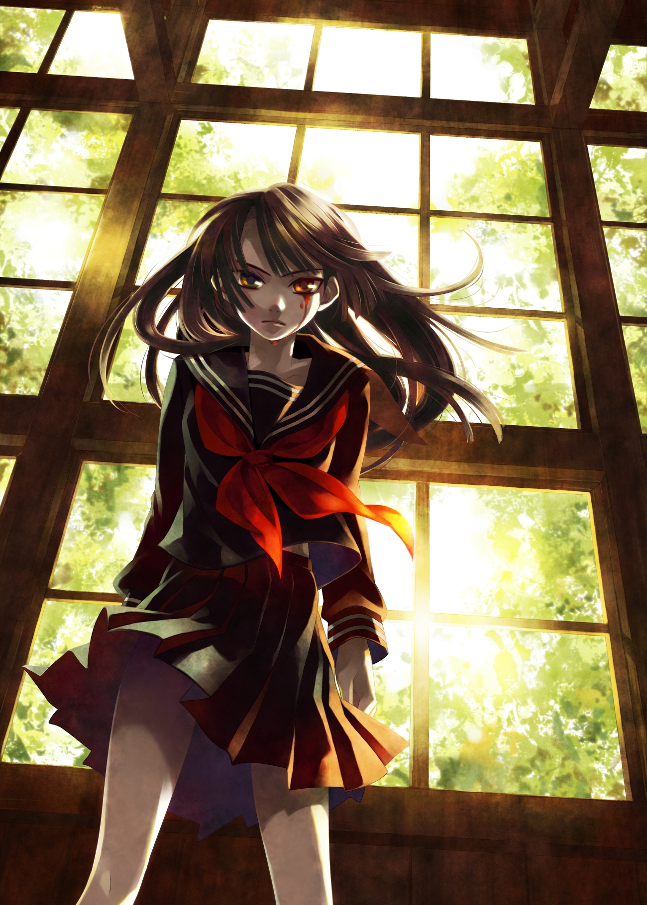 minami seira, original, bad id, bad pixiv id, highres, 1girl, blood, brown hair, clothes lift, female focus, from below, heterochromia, school uniform, serafuku, skirt, skirt lift, solo, wind, wind lift, window