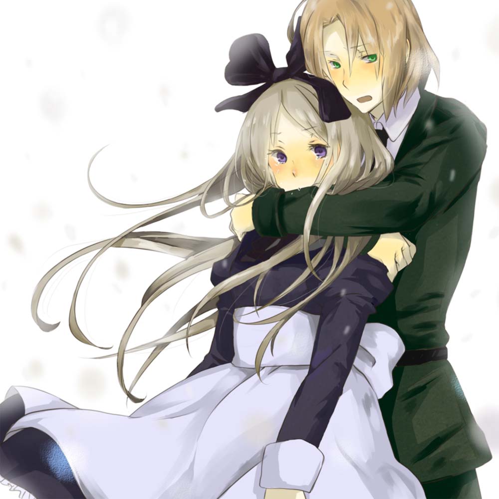 dango (pixiv), tekuteku aruko, belarus (hetalia), lithuania (hetalia), axis powers hetalia, silver hair, bad id, bad pixiv id, 00s, 1boy, 1girl, blush, brown hair, couple, dress, green eyes, hair ribbon, hetero, hug, hug from behind, military, military uniform, purple eyes, ribbon, snow, tears, winter
