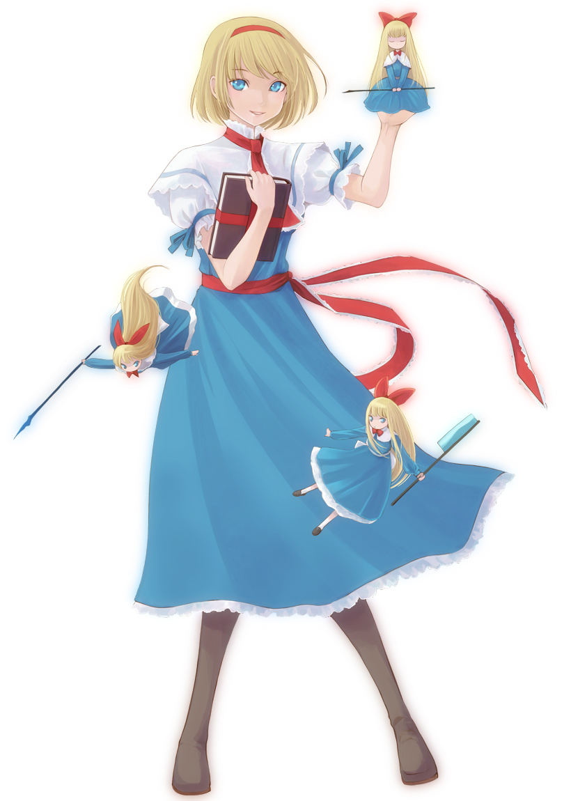 takatsuki kahiro, alice margatroid, shanghai doll, touhou, 4girls, blonde hair, blue eyes, book, doll, female focus, full body, hairband, multiple girls, pantyhose, short hair, simple background, standing, weapon, white background